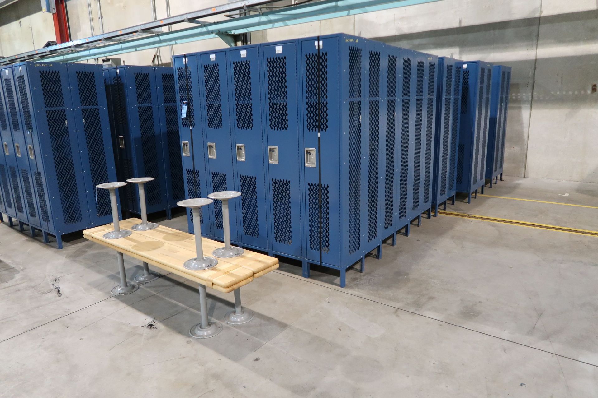 LOCKERS 15" X 15" X 78" HIGH STORAGE SOLUTIONS EMPLOYEE LOCKERS WITH (4) 6" WOOD SEAT BENCHES, 5-6
