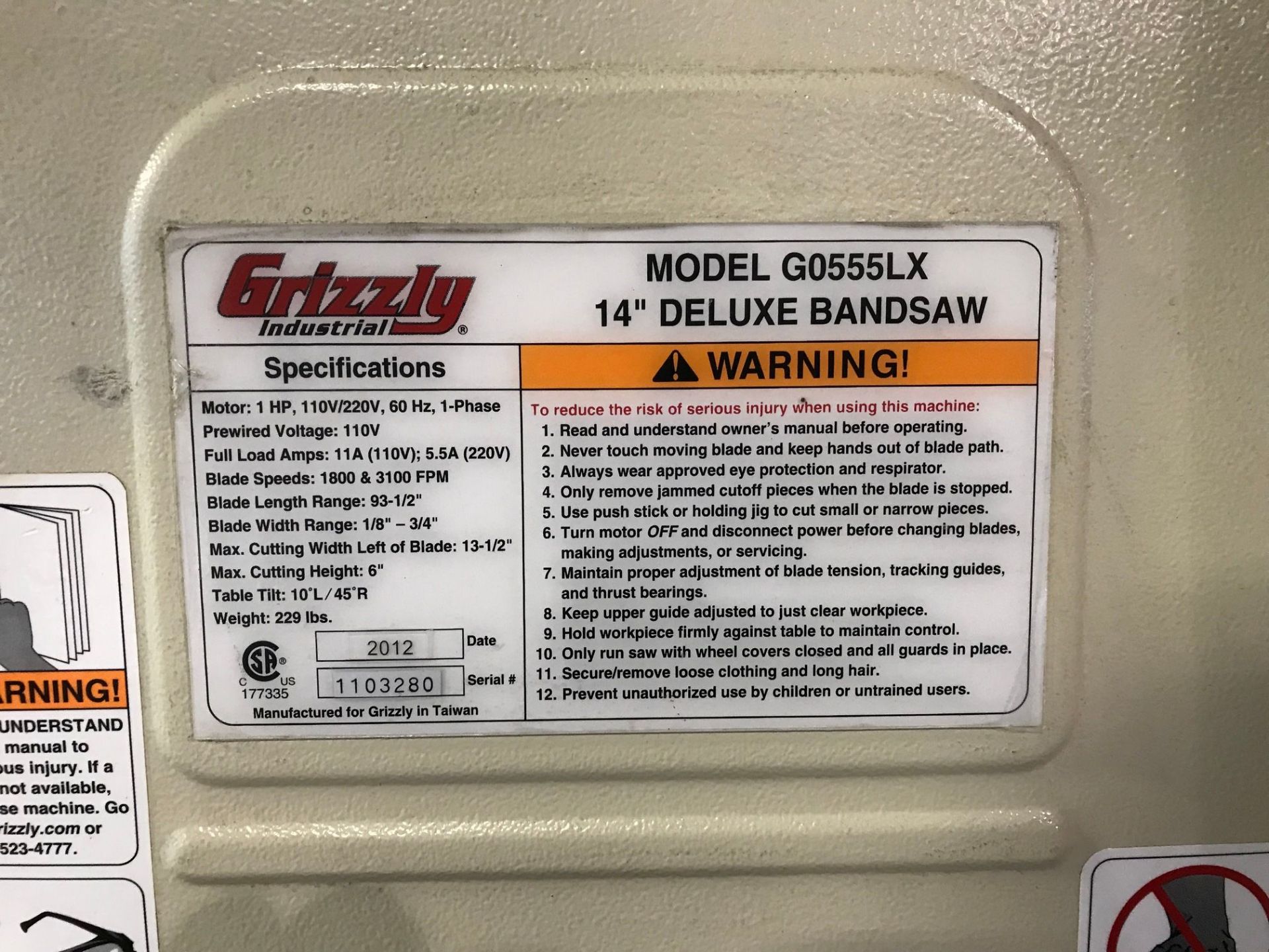 14" GRIZZLY MODEL G0555LX VERTICAL BAND SAW - Image 3 of 7