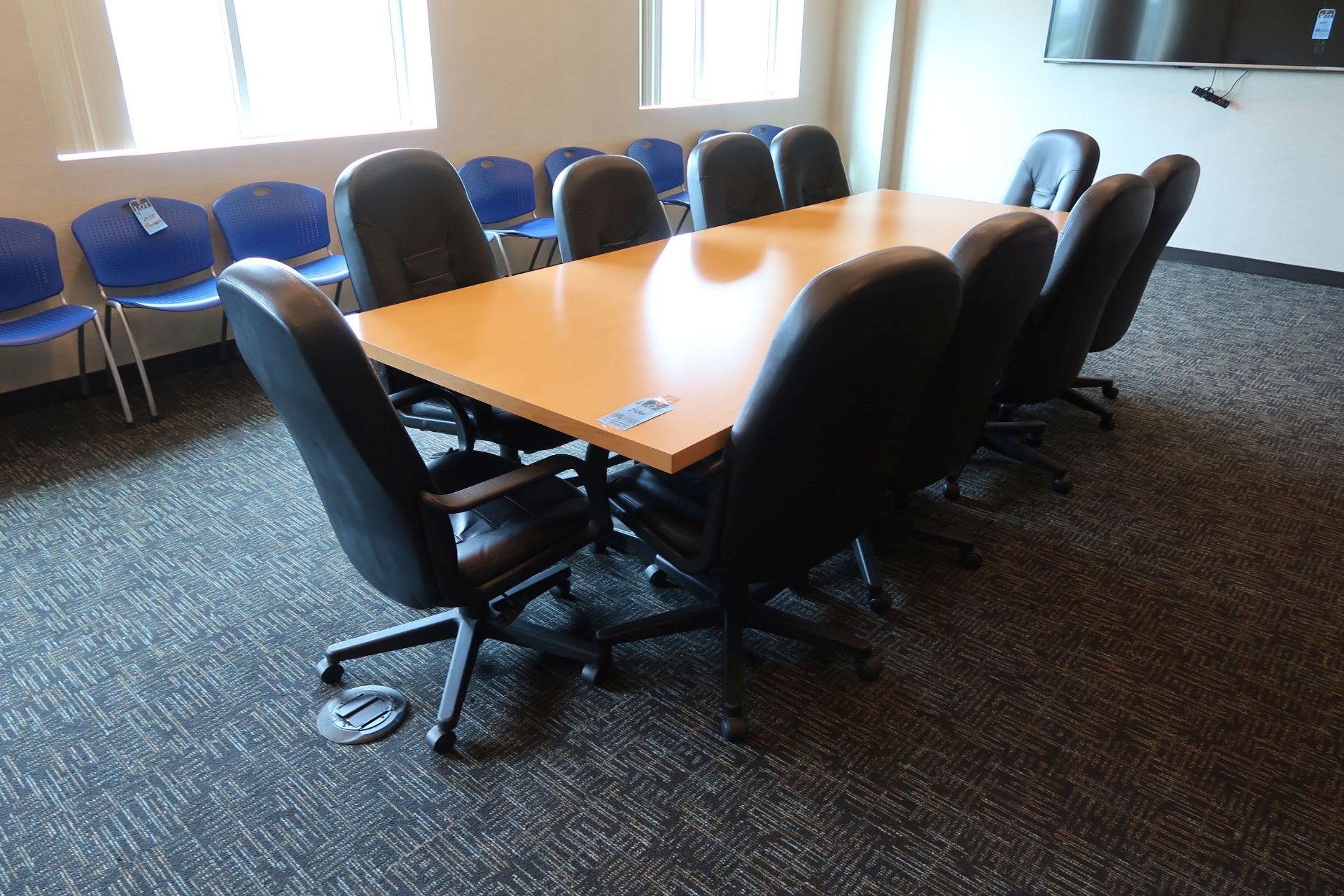 (LOT) 4' X 10' CONFERENCE TABLE, (10) BLACK CHAIRS, (14) BLUE STACK CHAIRS