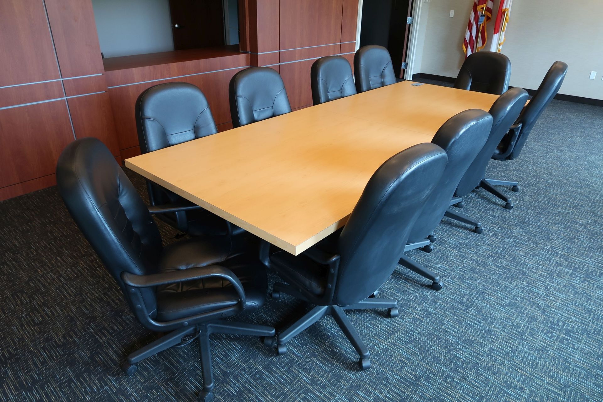 (LOT) 4' X 10' CONFERENCE TABLE, (10) BLACK CHAIRS, (14) BLUE STACK CHAIRS - Image 2 of 3