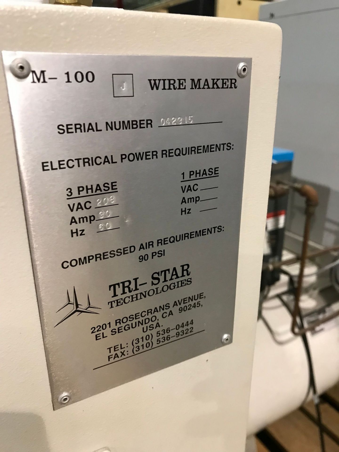 TRI-STAR M-100J WIRE MARKER; S/N 042315, WITH PC AND PLASMA TREATMENT STATION; FA 50067-1 - Image 4 of 11