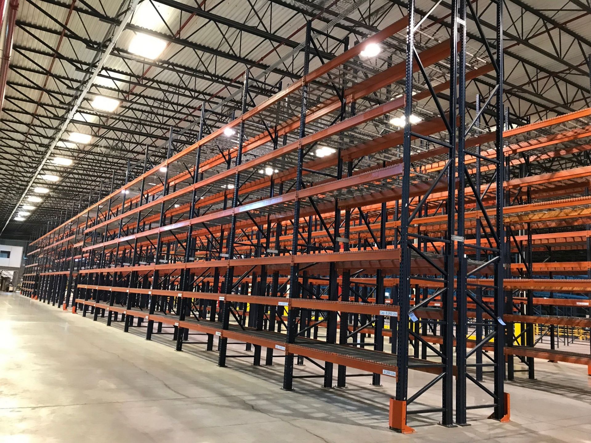 SECTIONS 60" X 108" X 288" TEARDROP TYPE ADJUSTABLE BEAM PALLET RACK WITH WIRE DECKING, 6" HIGH