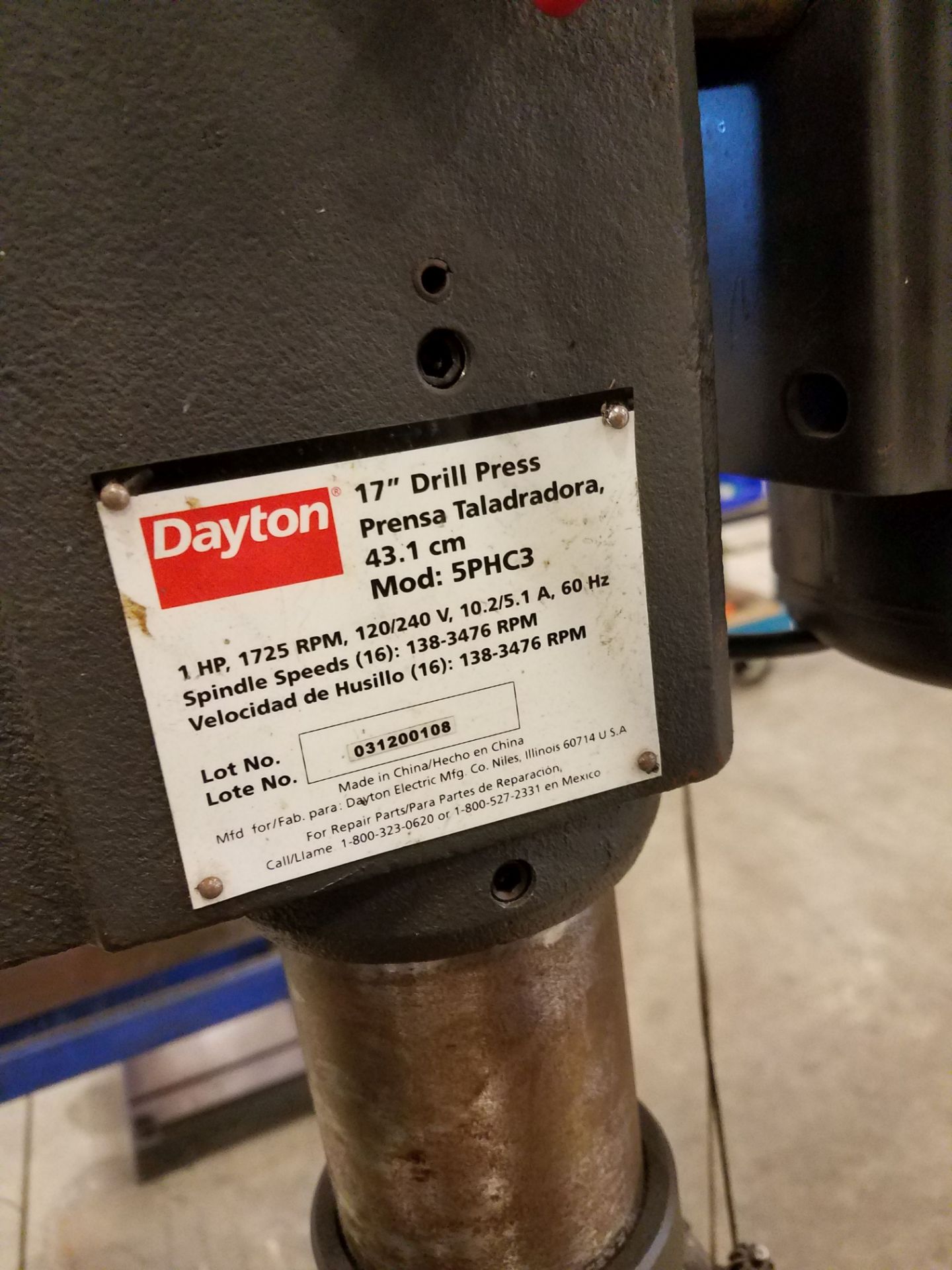 17" DAYTON MODEL 5PHC3 DRILL PRESS - Image 4 of 5