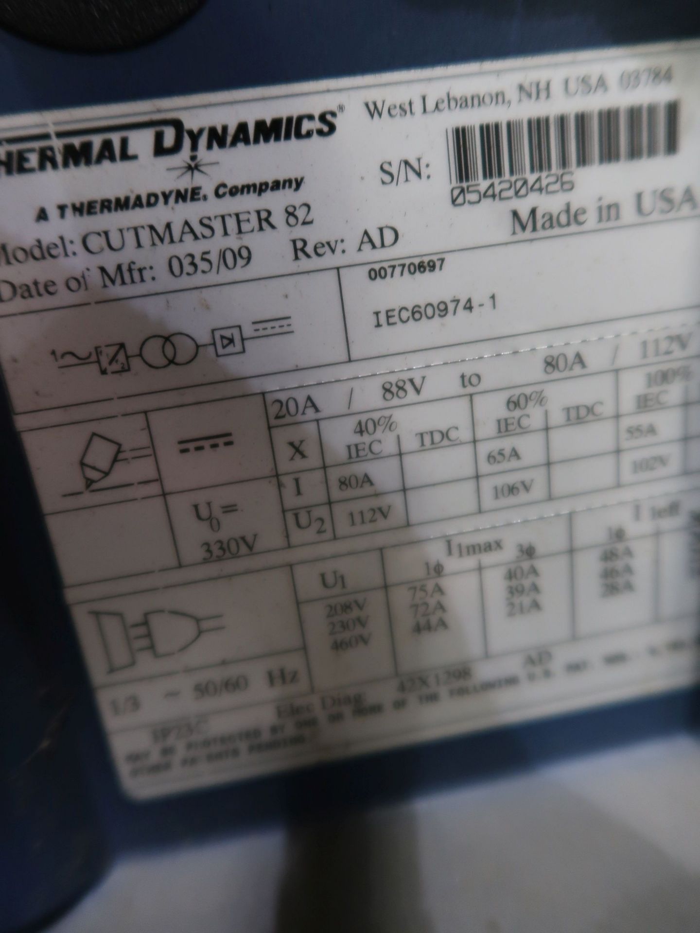 THERMAL DYNAMICS CUTMASTER 82 PLASMA CUTTER - Image 3 of 3