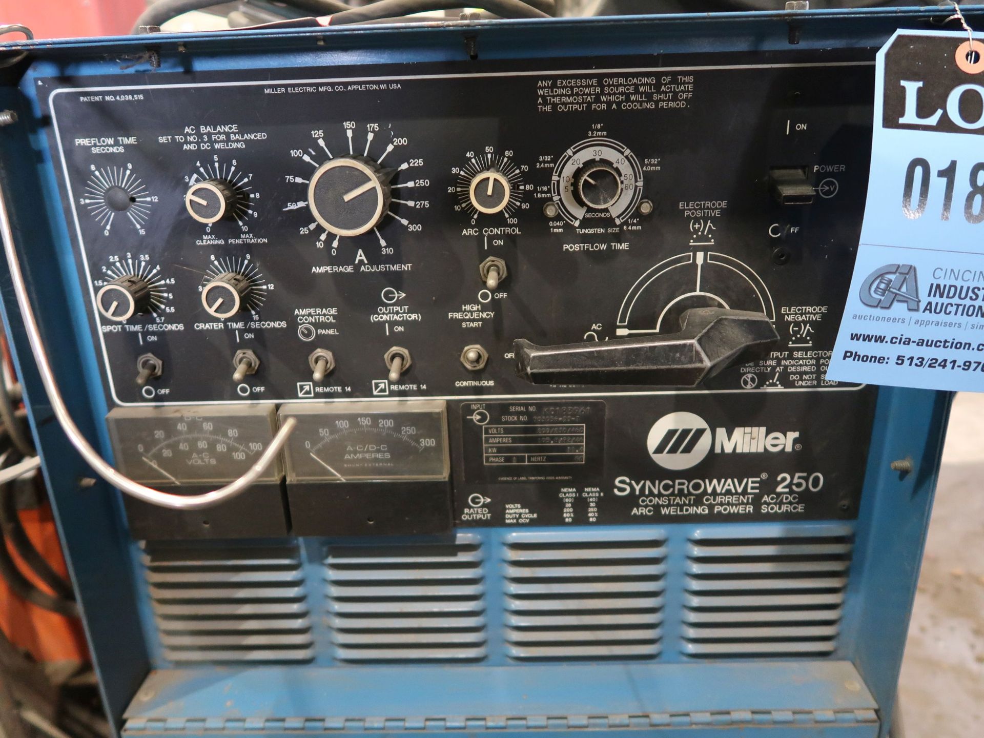 250-AMP MILLER SYNCHROWAVE 250 WELDING POWER SUPPLY; S/N K0183961, W/ COOLMATE 4 - Image 3 of 4