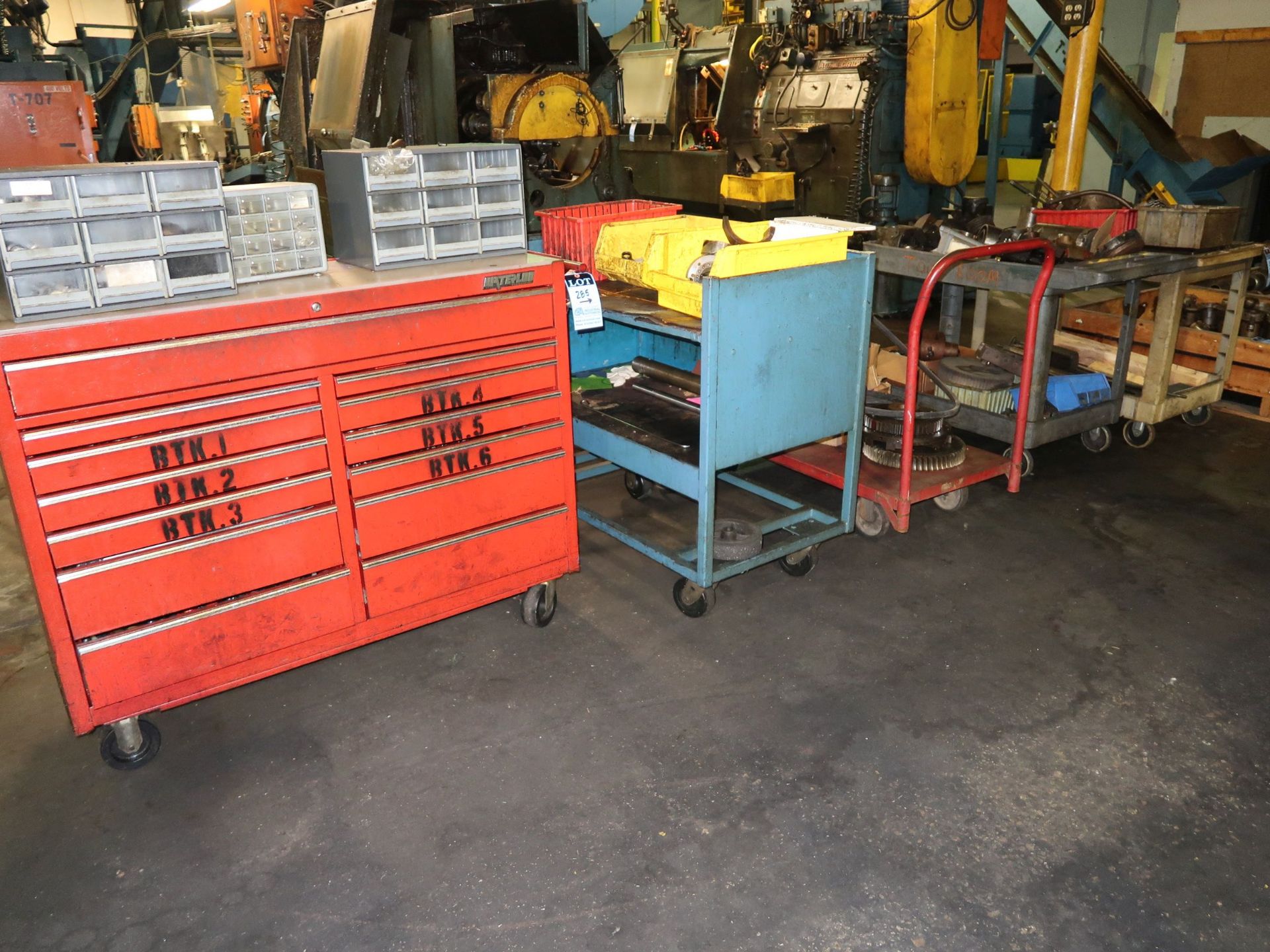 (LOT) MISCELLANEOUS ACME PARTS WITH CABINETS AND CARTS