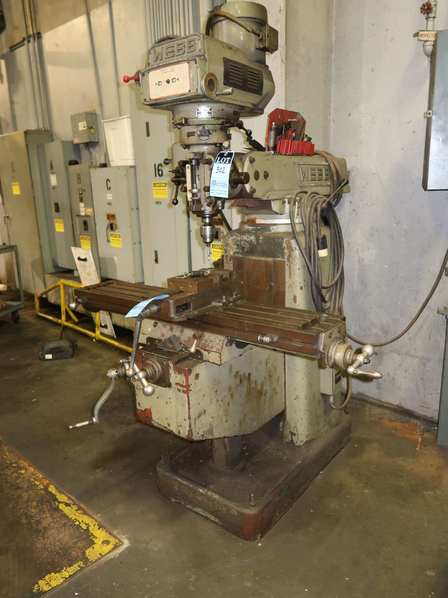 3 HP WEBB VERTICAL MILLING MACHINE; S/N 1855, SPINDLE SPEED 60-4,200 RPM, 9" X 48" TABLE