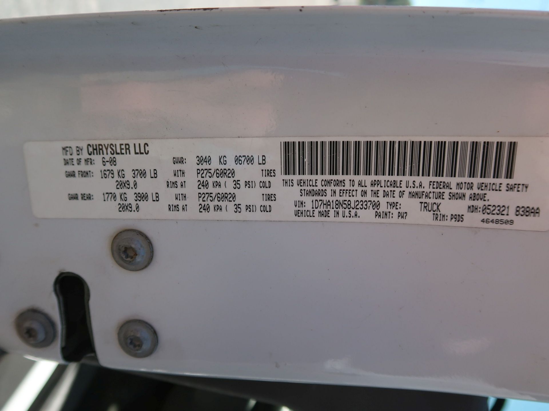 2008 DODGE RAM BIG HORN 4-DOOR CREW CAB FLEX-FUEL PICKUP TRUCK; VIN #1D7HA18N58J233700, 4.7 LITER - Image 12 of 12