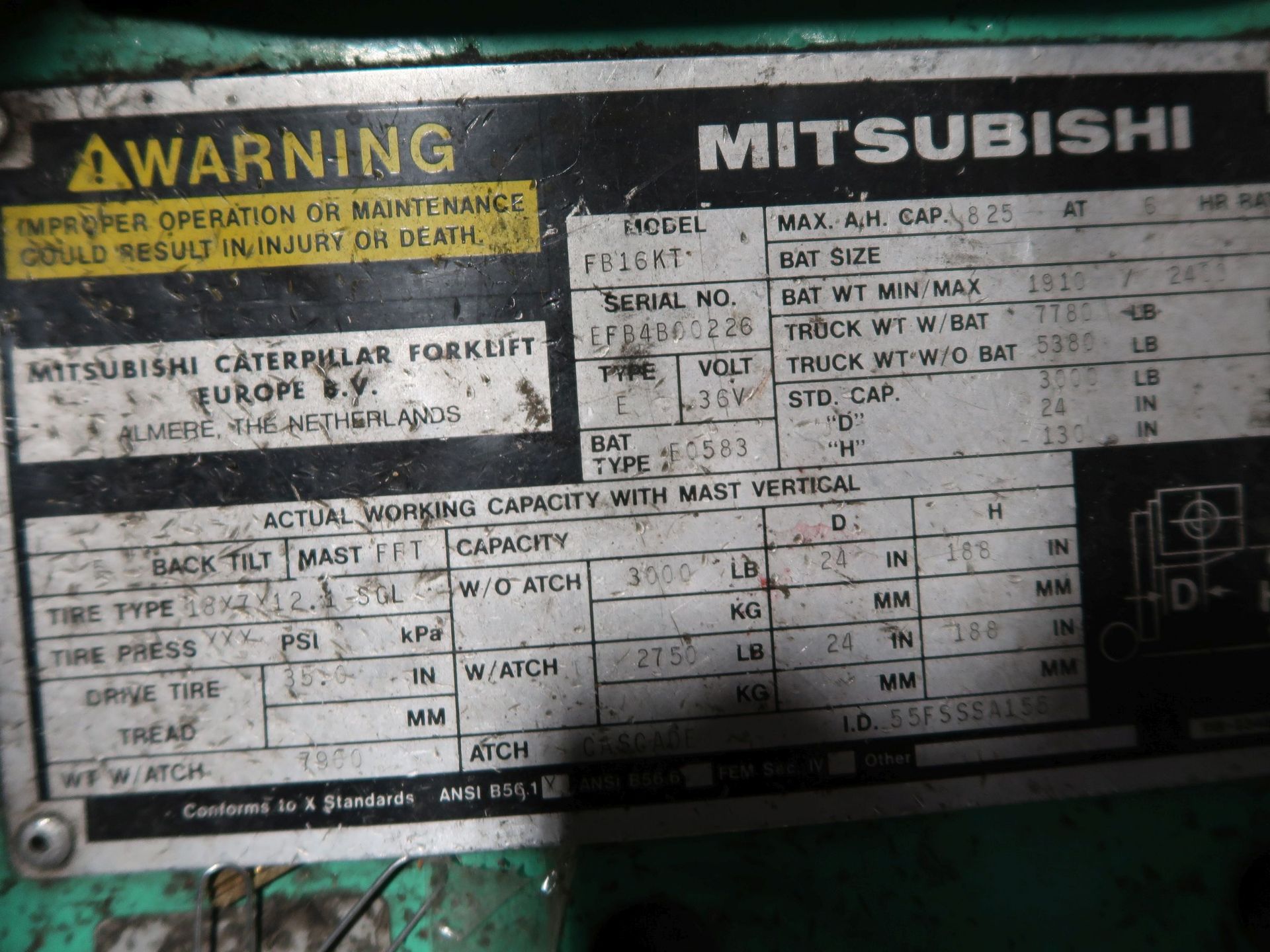 3,000 LB. MITSUBISHI MODEL FB16KT ELECTRIC SIT-DOWN 3-WHEEL LIFT TRUCK; S/N EFB4B00226, 3-STAGE - Image 15 of 15