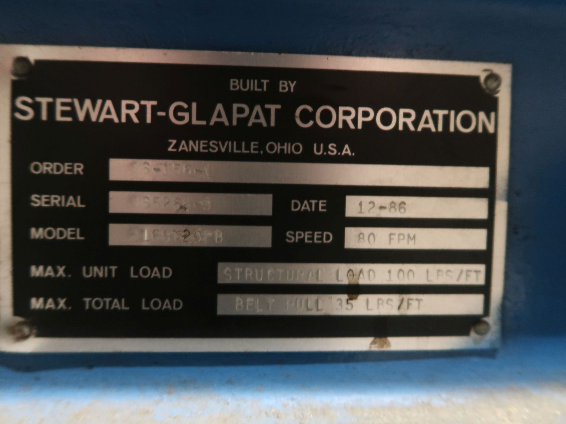 34" STEWART - GLAPAT MODEL 2169T20FB ELECTRIC BELT CONVEYOR; S/N 865266-3 - LOCATED AT 90 HAMILTON - Image 4 of 4