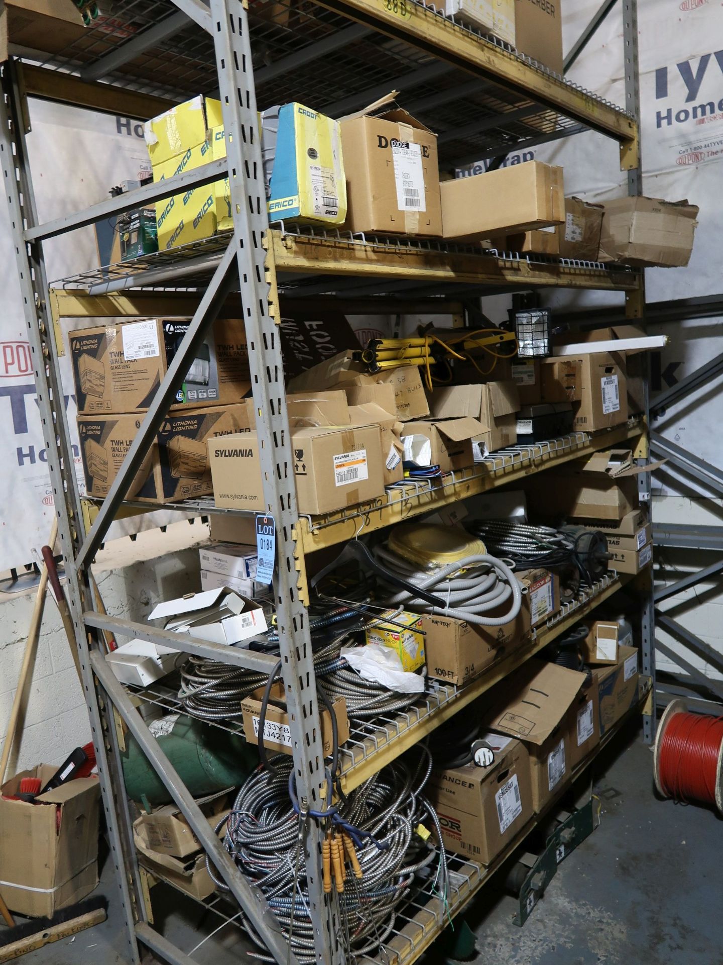 (LOT) CONTENTS OF RACK INCLUDING LIGHTING, MOTORS & WIRE