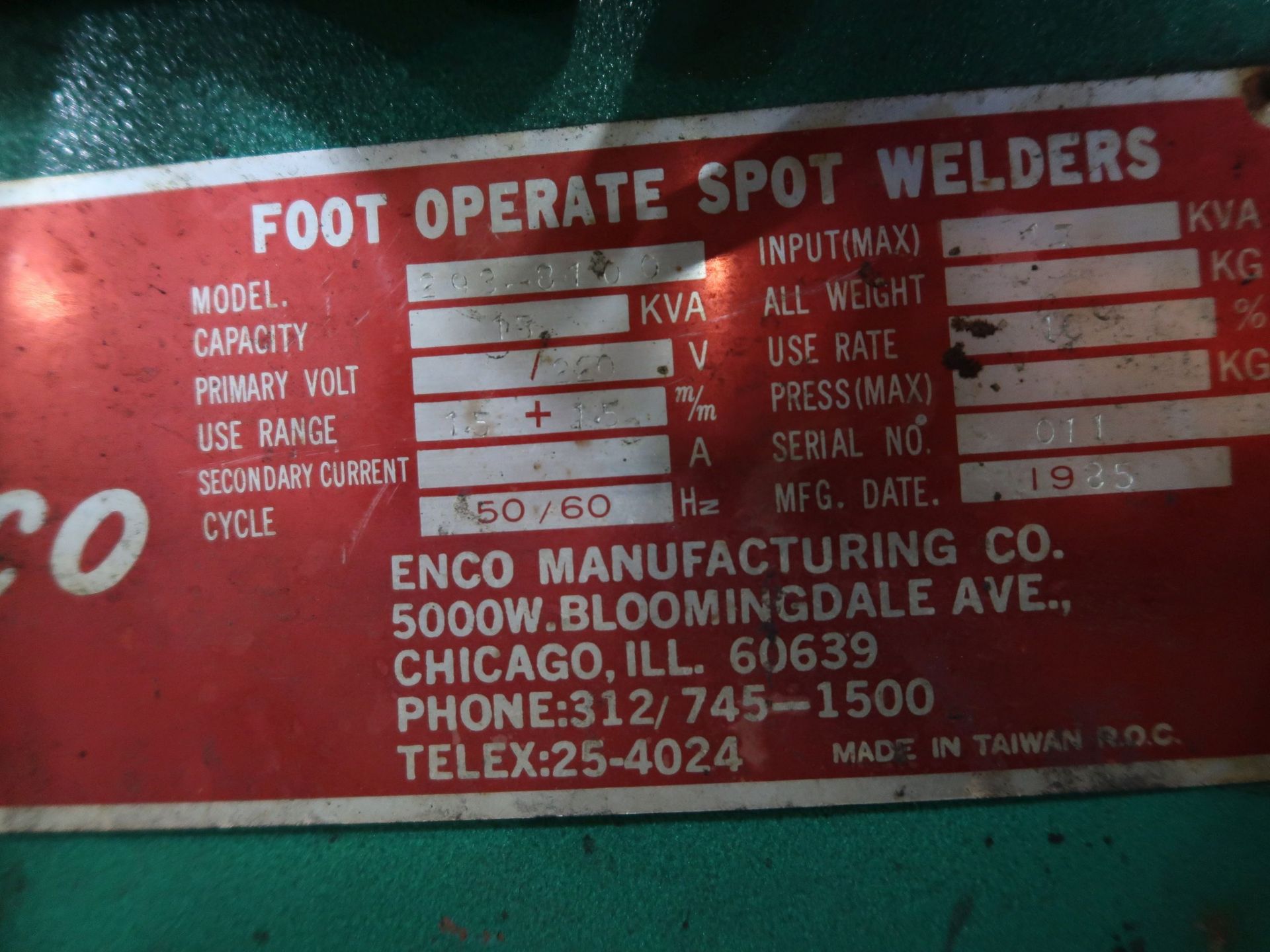 15 KVA ENCO MODEL 393-3100 SPOT WELDER; S/N 011 - Image 4 of 4