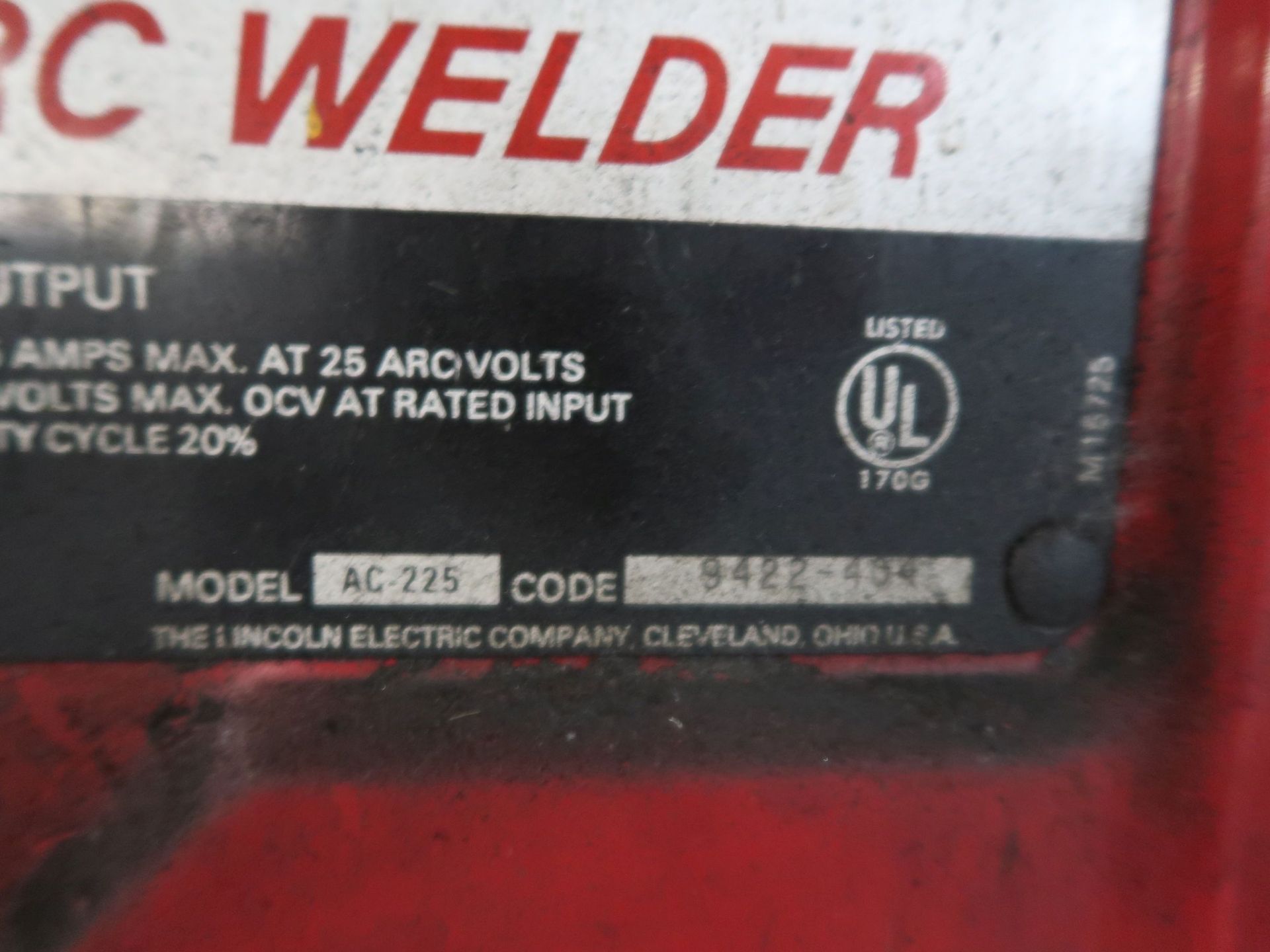 225 AMP LINCOLN AC-225 ARC WELDER; S/N 9422-404 - Image 2 of 2