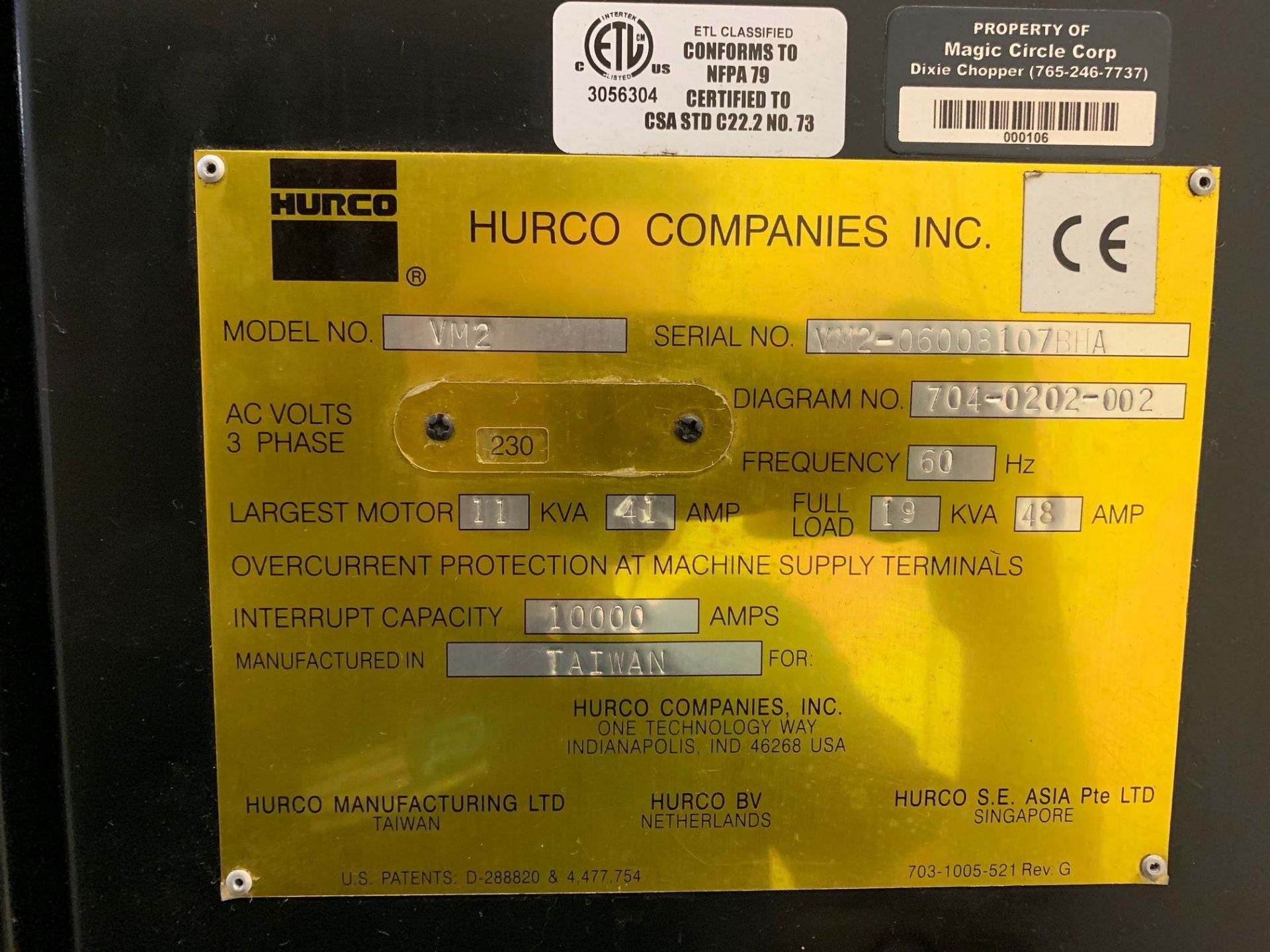 HURCO MODEL VM2 CNC VERTICAL MACHINING CENTER; S/N 06008107BHA, 20" X 46" TABLE, MAX CONTROL, - Image 4 of 11