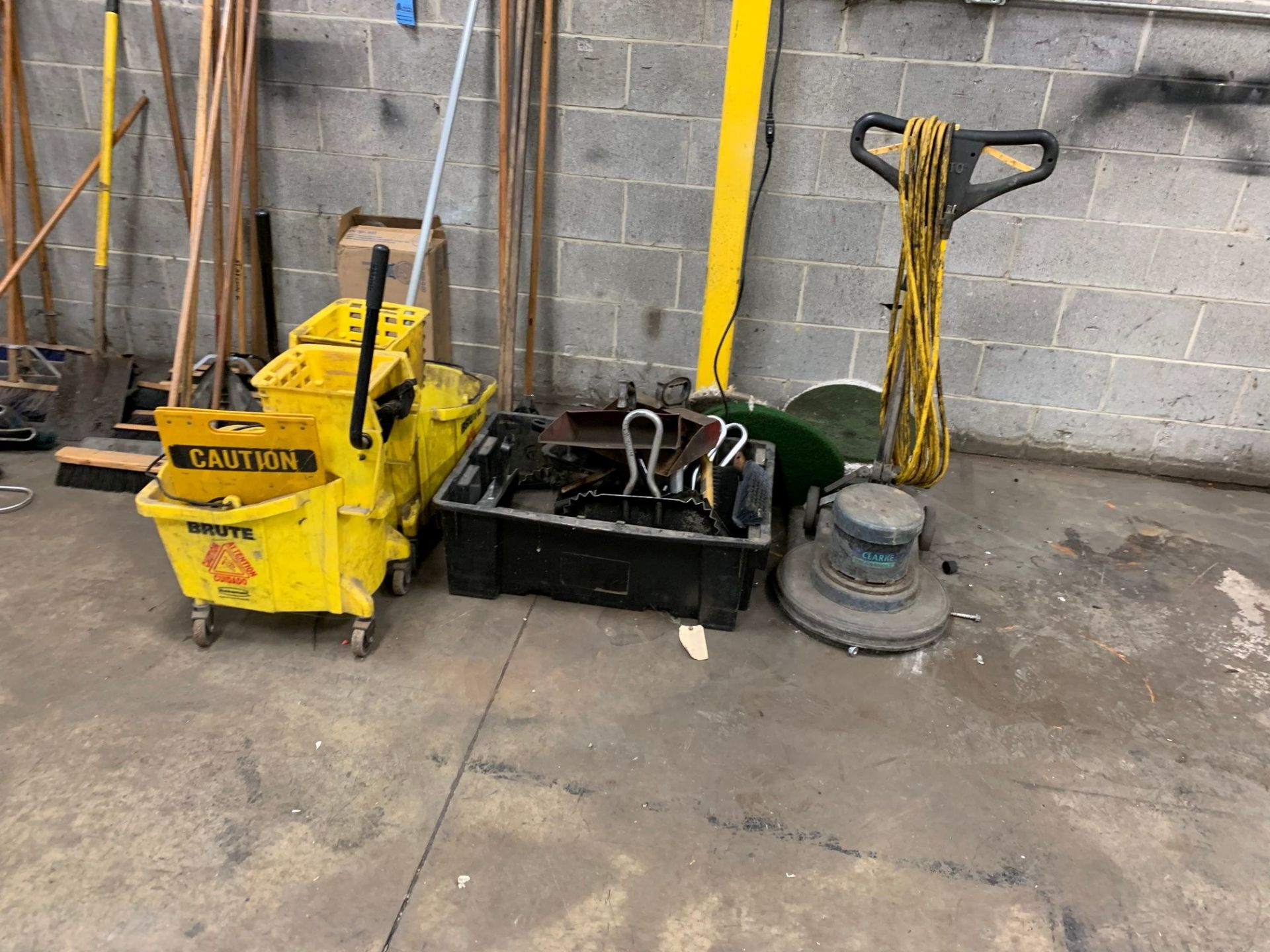 (LOT) BROOMS, MOP BUCKETS, DUST PANS AND CLARKE FLOOR BUFFER - Image 2 of 3