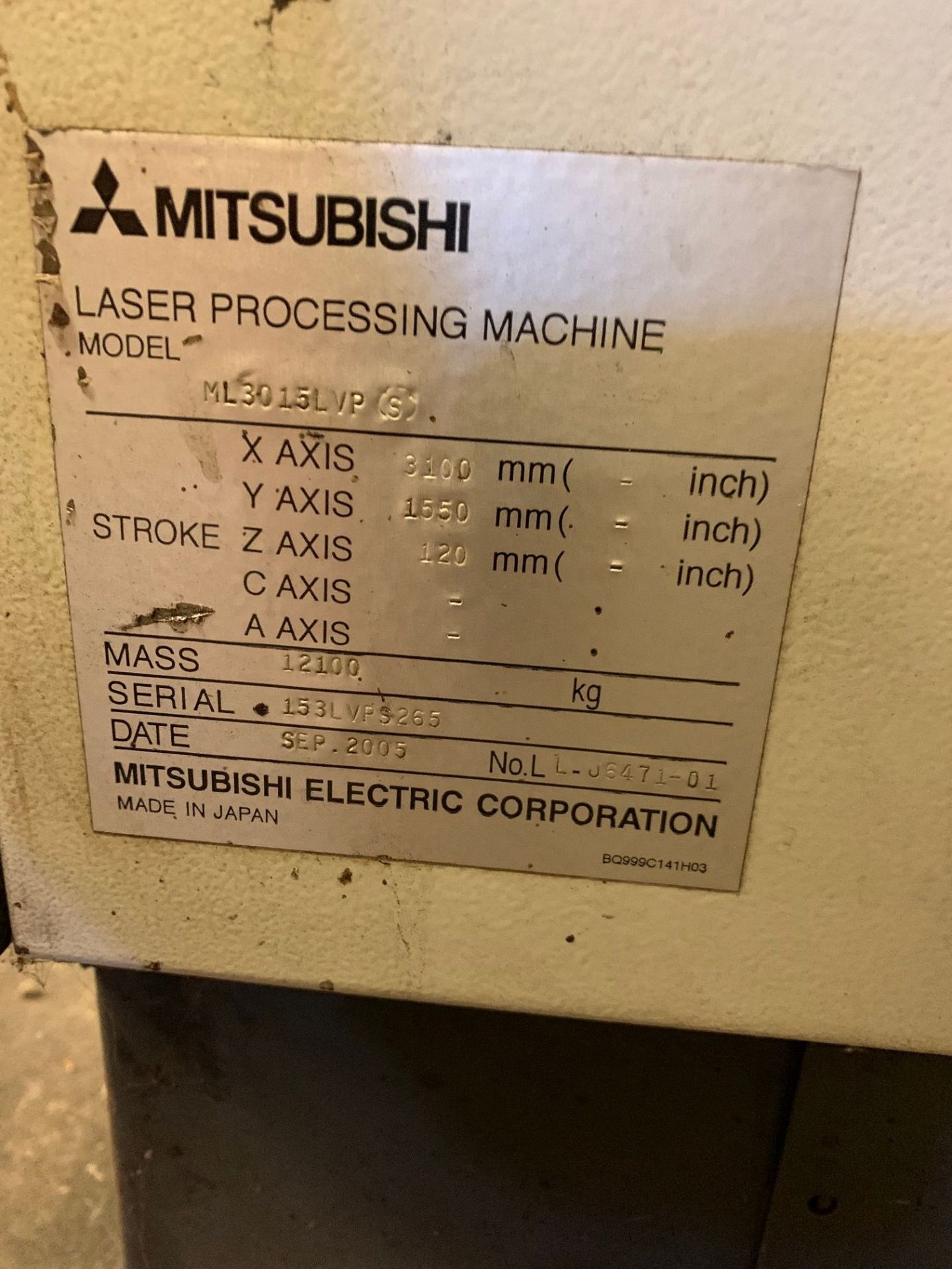 4,000 WATT MITSUBISHI MODEL ML3015LVP(S) PLUS C02 LASER; S/N 153LVPS265, 122" X-AXIS, 61" Y-AXIS, - Image 7 of 18