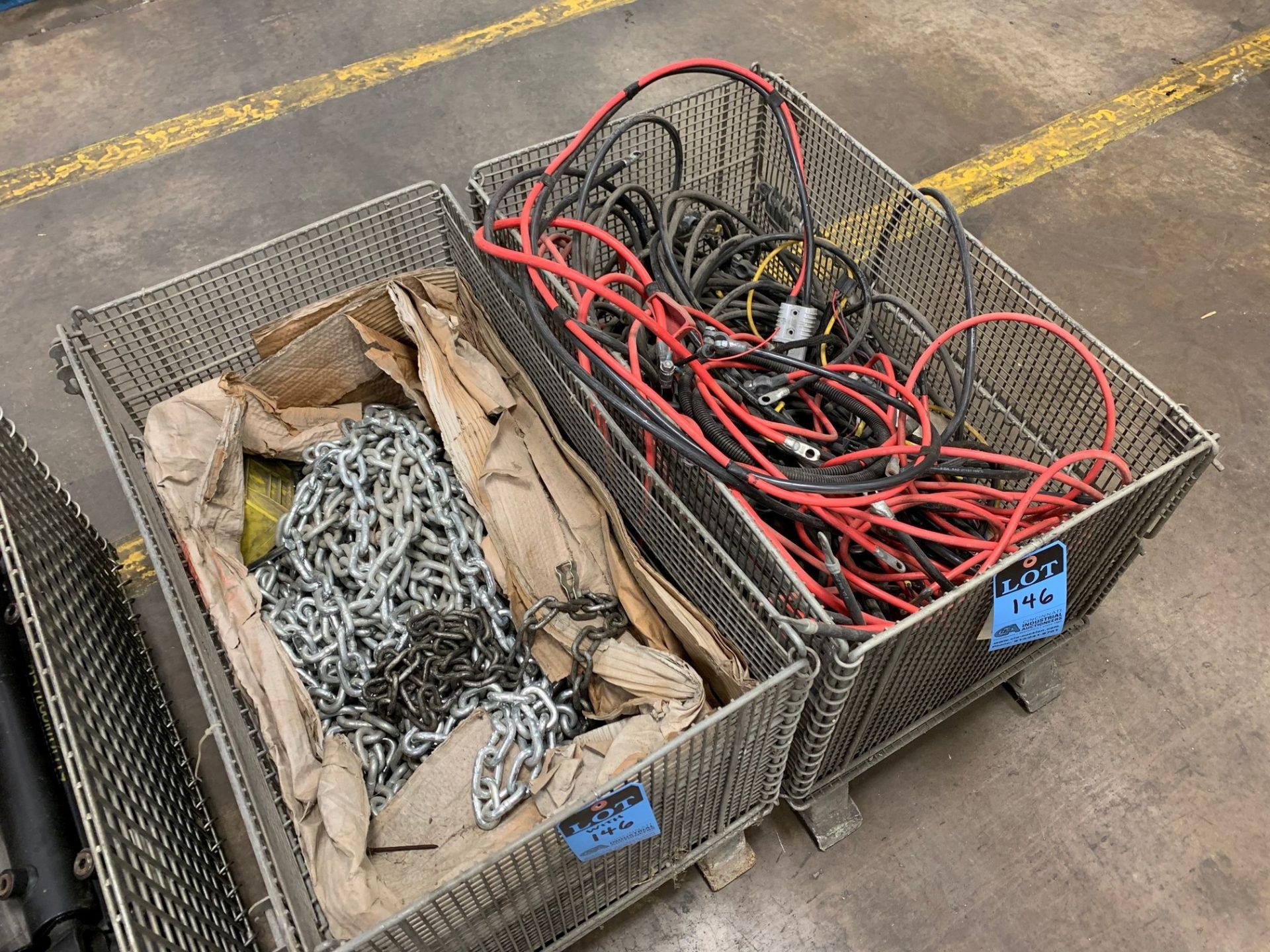 (LOT) BATTERY CABLES AND CHAINS WITH (2) WIRE BASKETS - Image 2 of 2