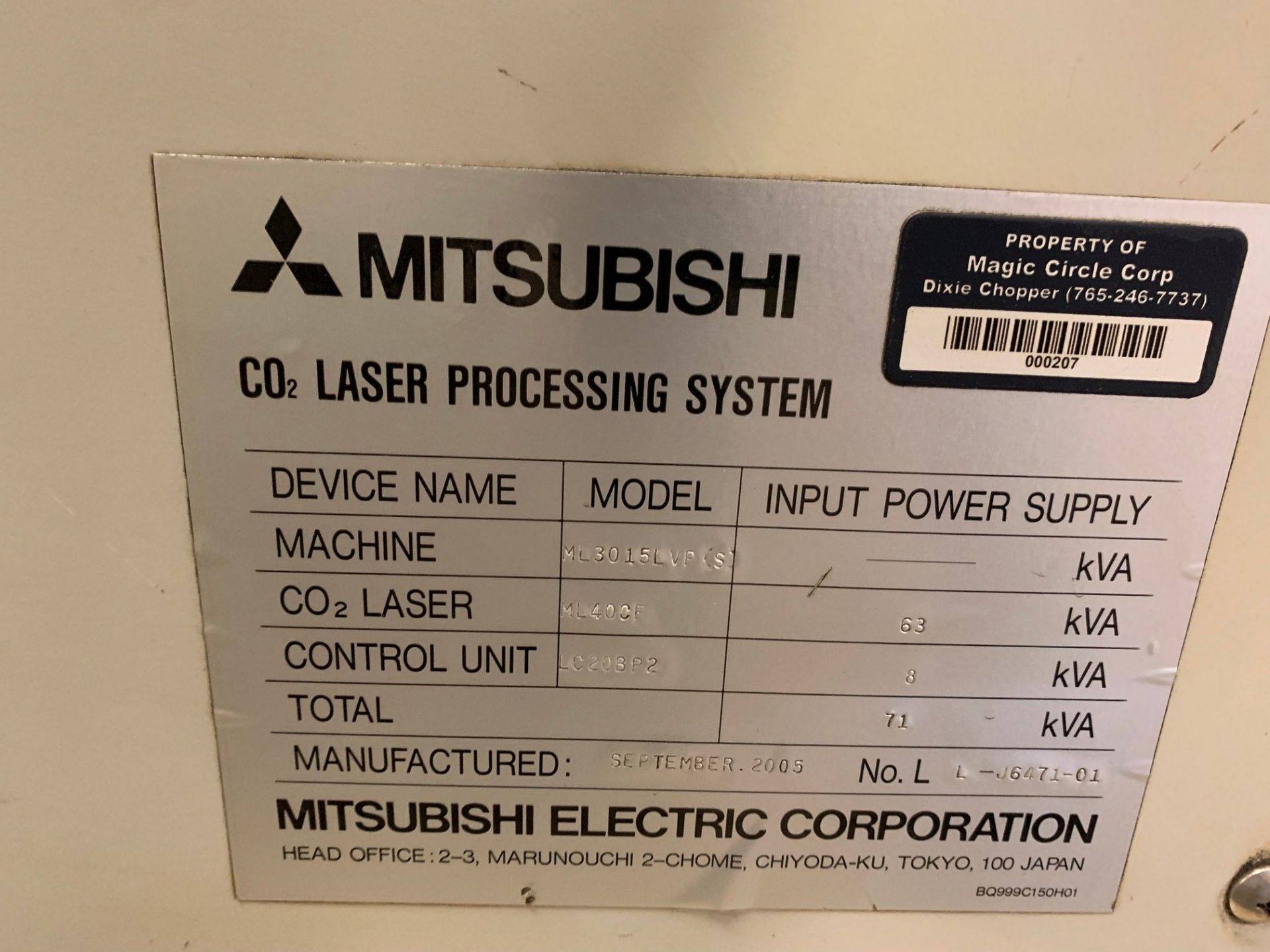 4,000 WATT MITSUBISHI MODEL ML3015LVP(S) PLUS C02 LASER; S/N 153LVPS265, 122" X-AXIS, 61" Y-AXIS, - Image 9 of 18