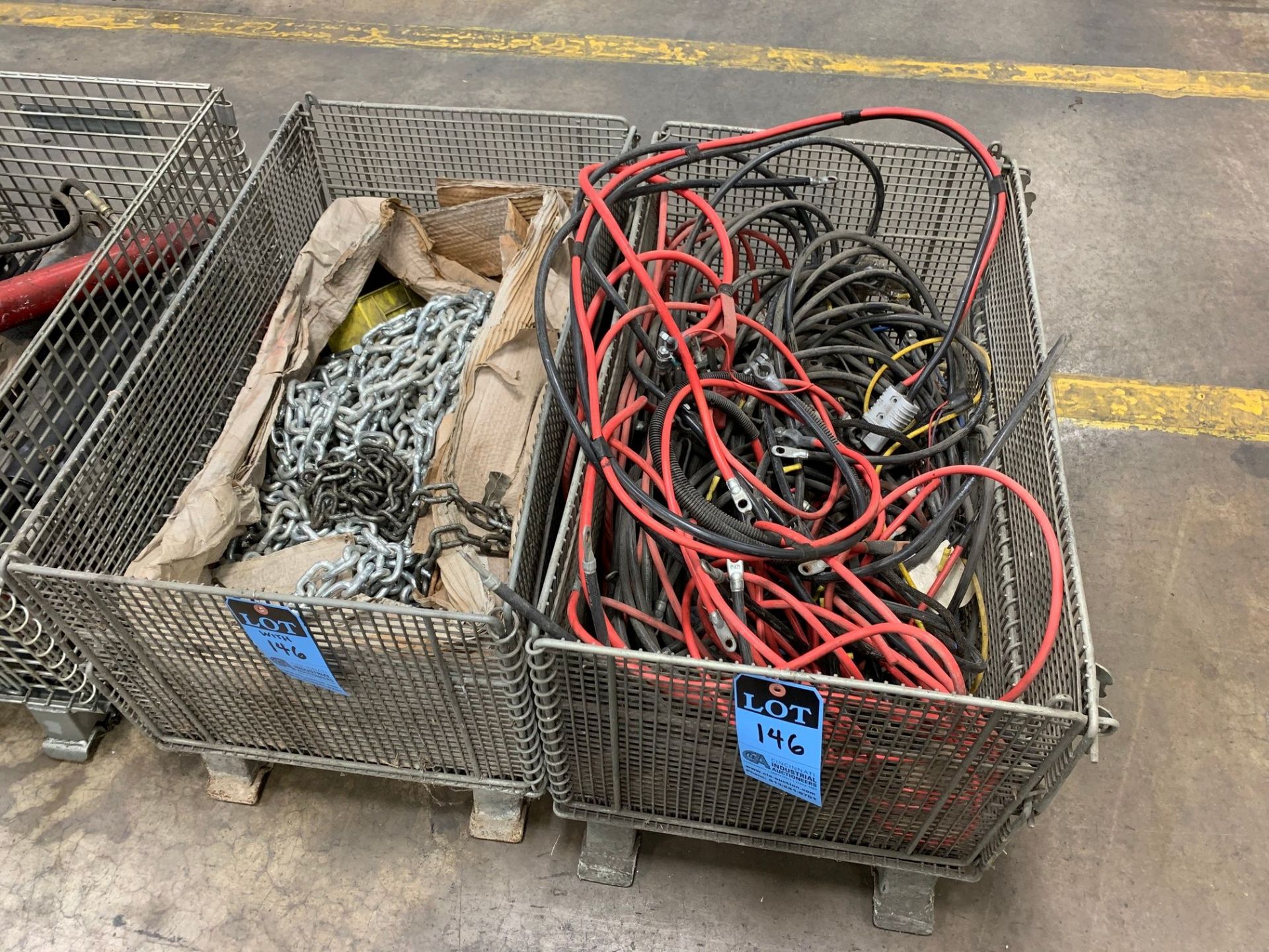 (LOT) BATTERY CABLES AND CHAINS WITH (2) WIRE BASKETS