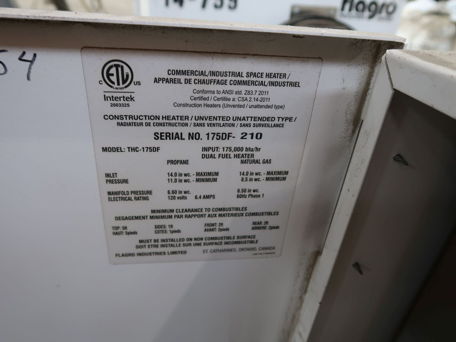 FLARGO MODEL THC-175DF PORTABLE DUAL FUEL HEATER, NATURAL GAS/PROPANE, 17,500 BTU - Image 3 of 3