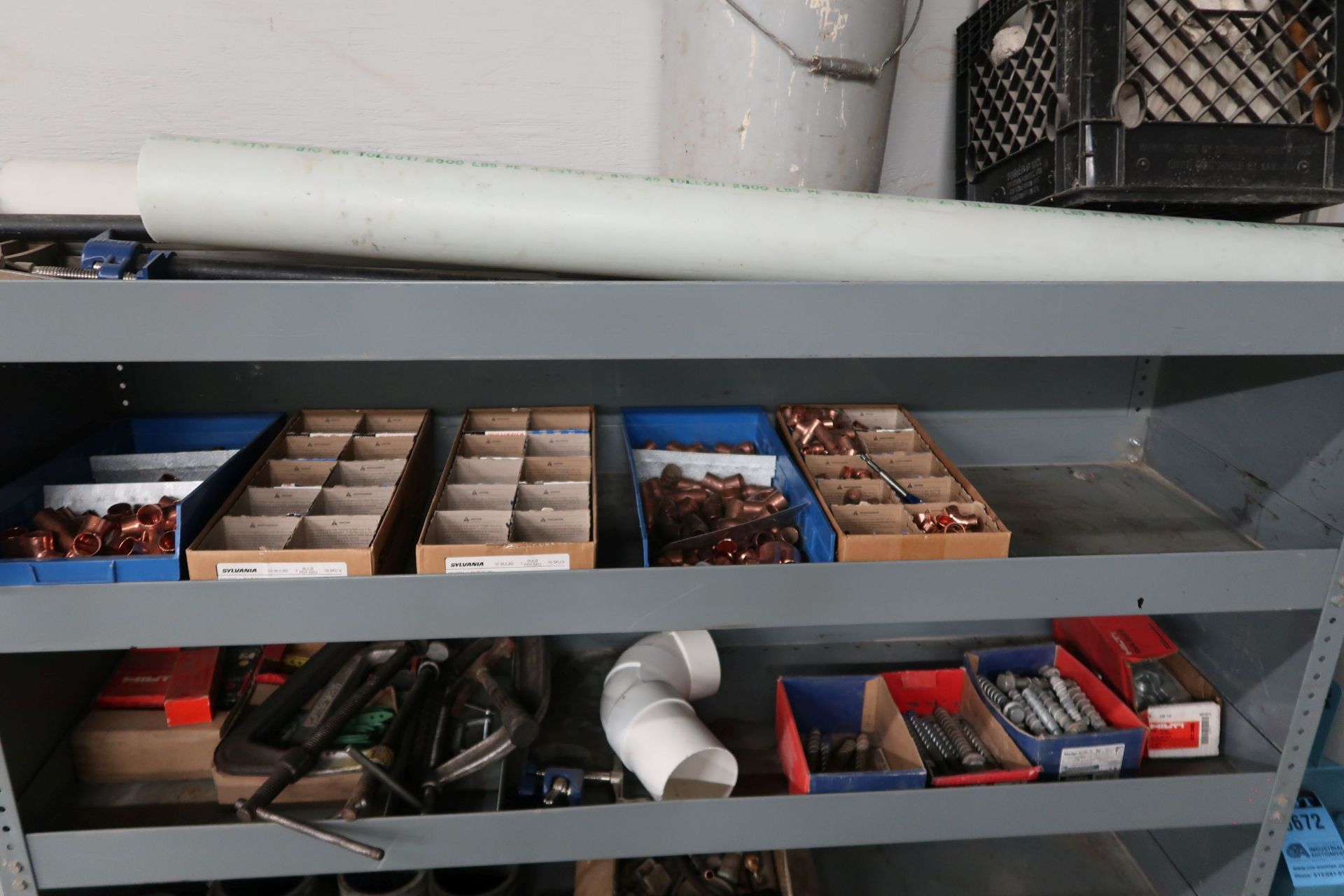 CONTENTS OF SHELF INCLUDING FIRE EXTINGUISHERS, C-CLAMPS, PIPE FITTINGS, HARDWARE, POLE CLAMPS - Image 2 of 3