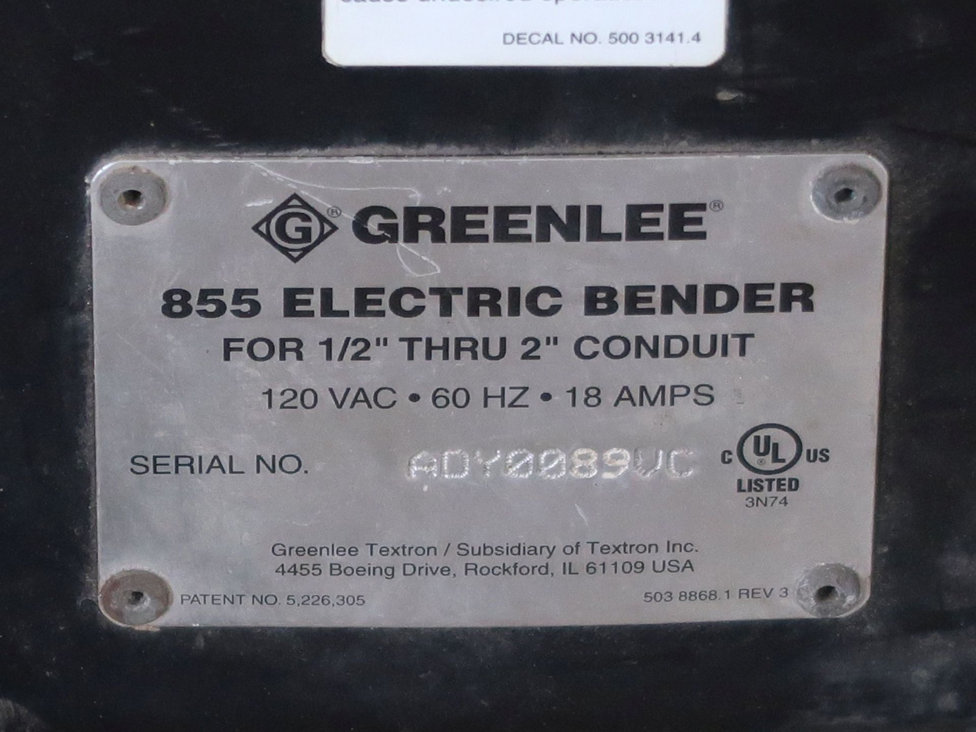 1/2" - 2" CONDUIT GREENLEE MODEL 855 PORTABLE ELECTRIC CONDUIT BENDER - Image 5 of 5