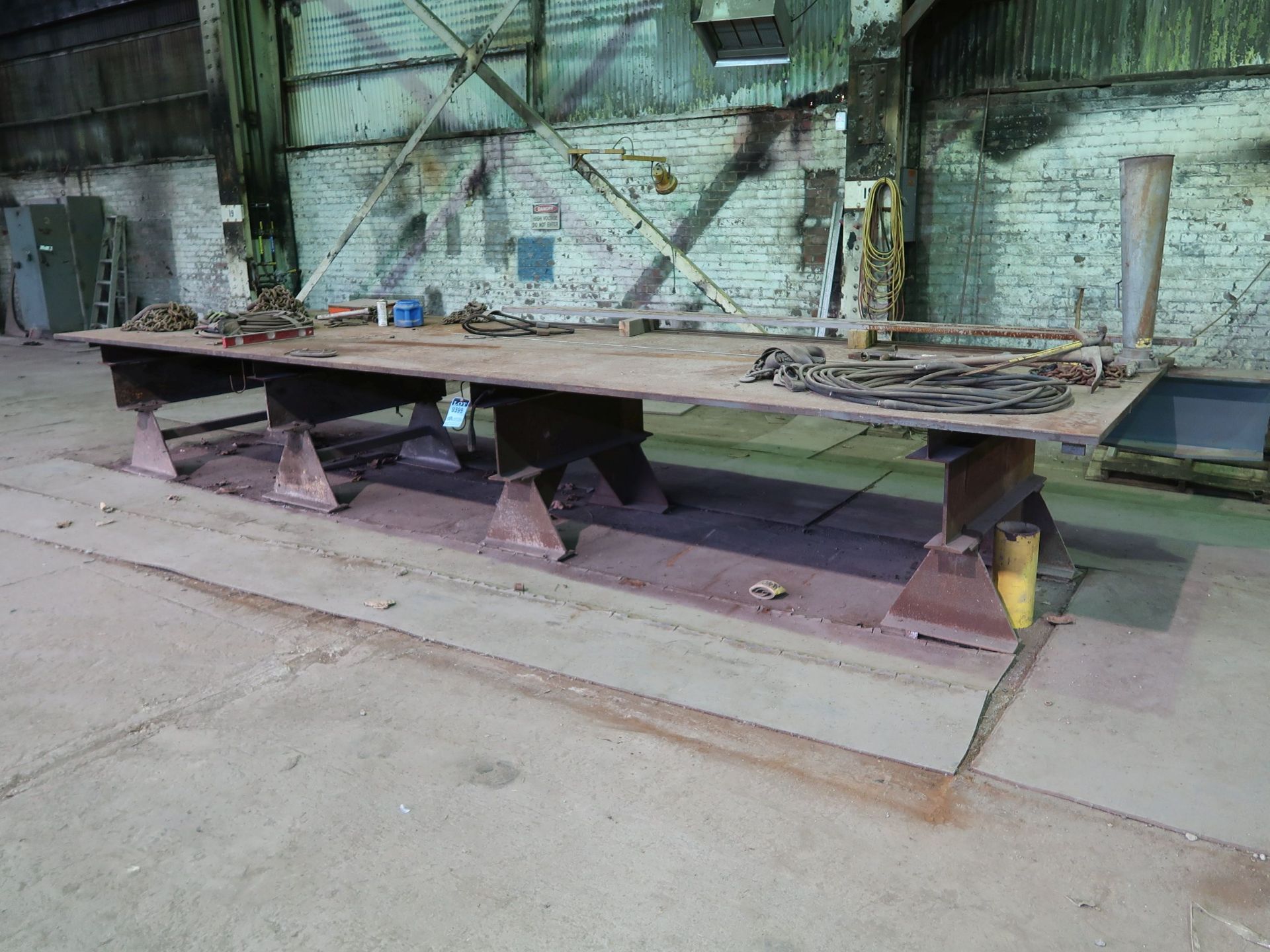 6' X 20' X 1" THICK TOP HD WELDING TABLE WITH CONTENTS (NO SHEAR BLADES)