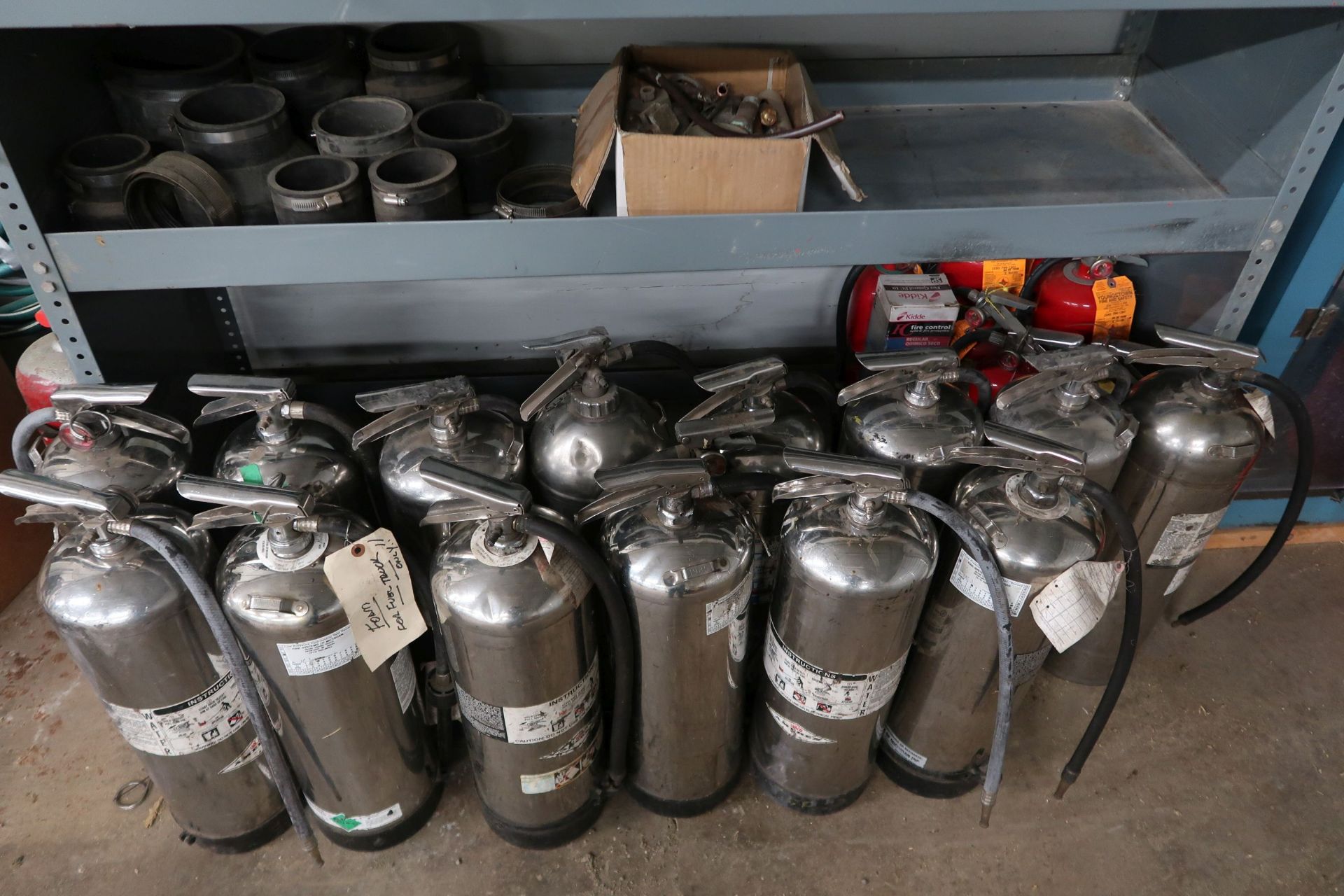 CONTENTS OF SHELF INCLUDING FIRE EXTINGUISHERS, C-CLAMPS, PIPE FITTINGS, HARDWARE, POLE CLAMPS - Image 3 of 3