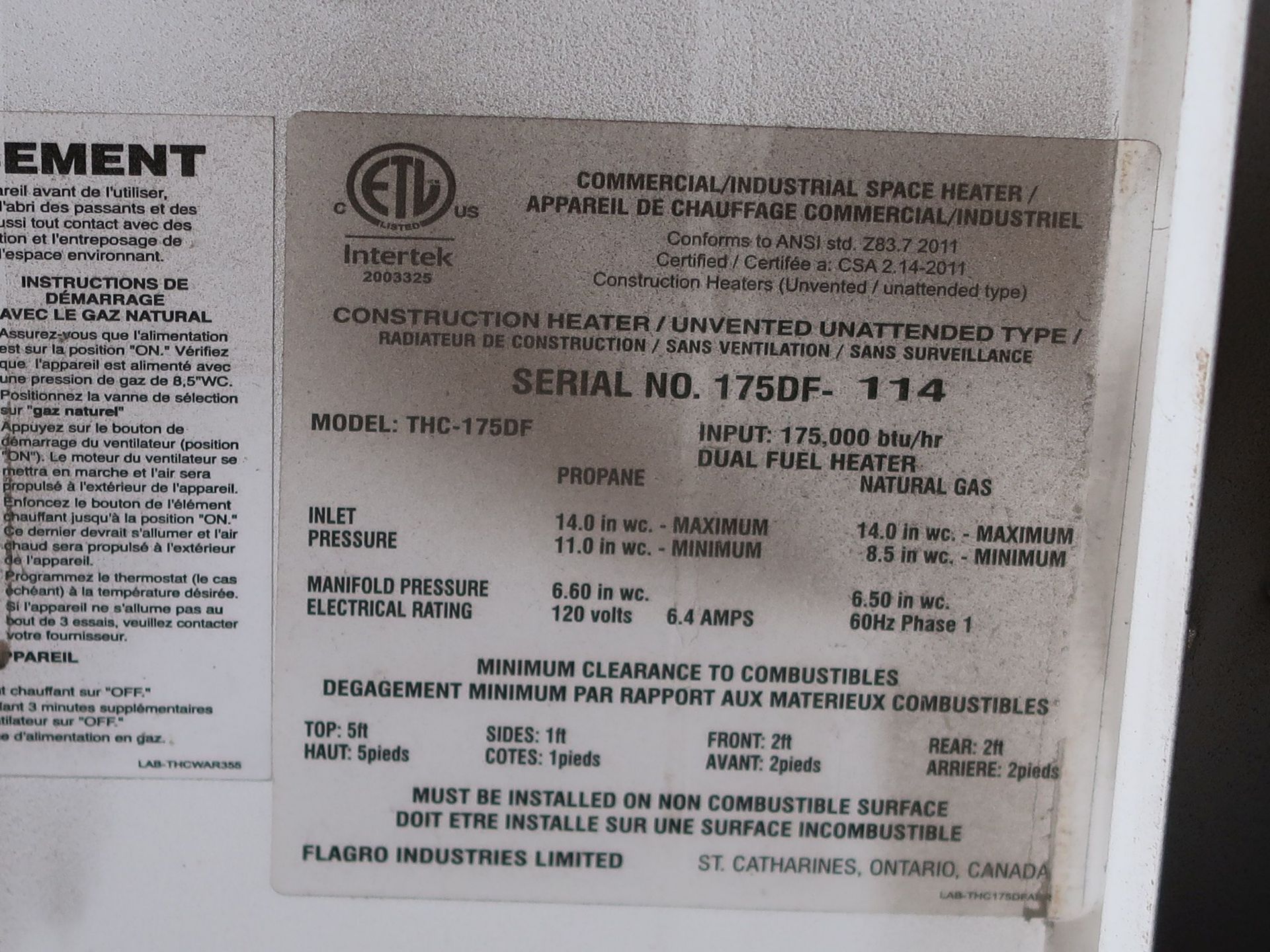 FLARGO MODEL THC-175DF PORTABLE DUAL FUEL HEATER, NATURAL GAS/PROPANE, 17,500 BTU - Image 3 of 4