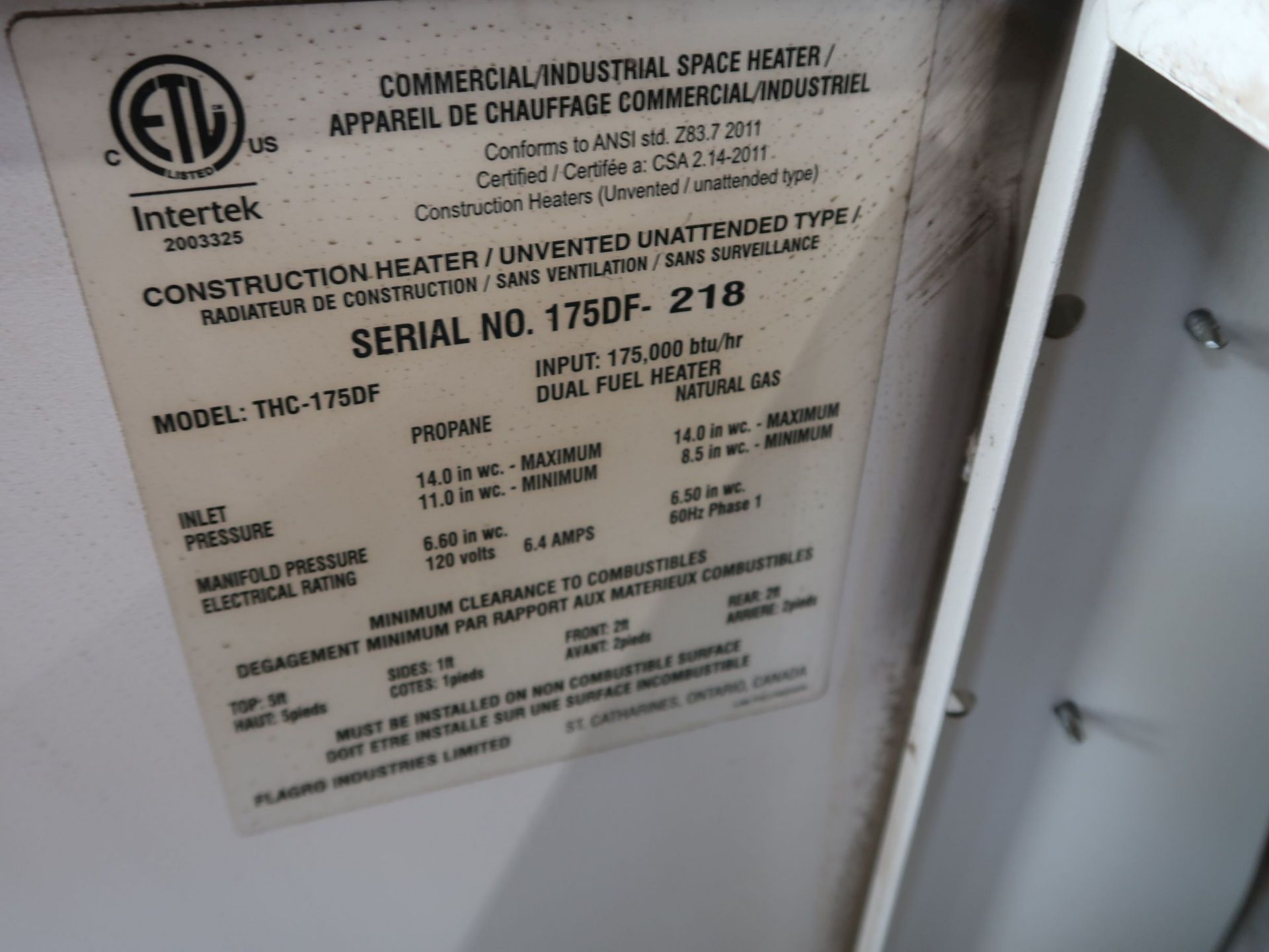 FLARGO MODEL THC-175DF PORTABLE DUAL FUEL HEATER, NATURAL GAS/PROPANE, 17,500 BTU - Image 4 of 4