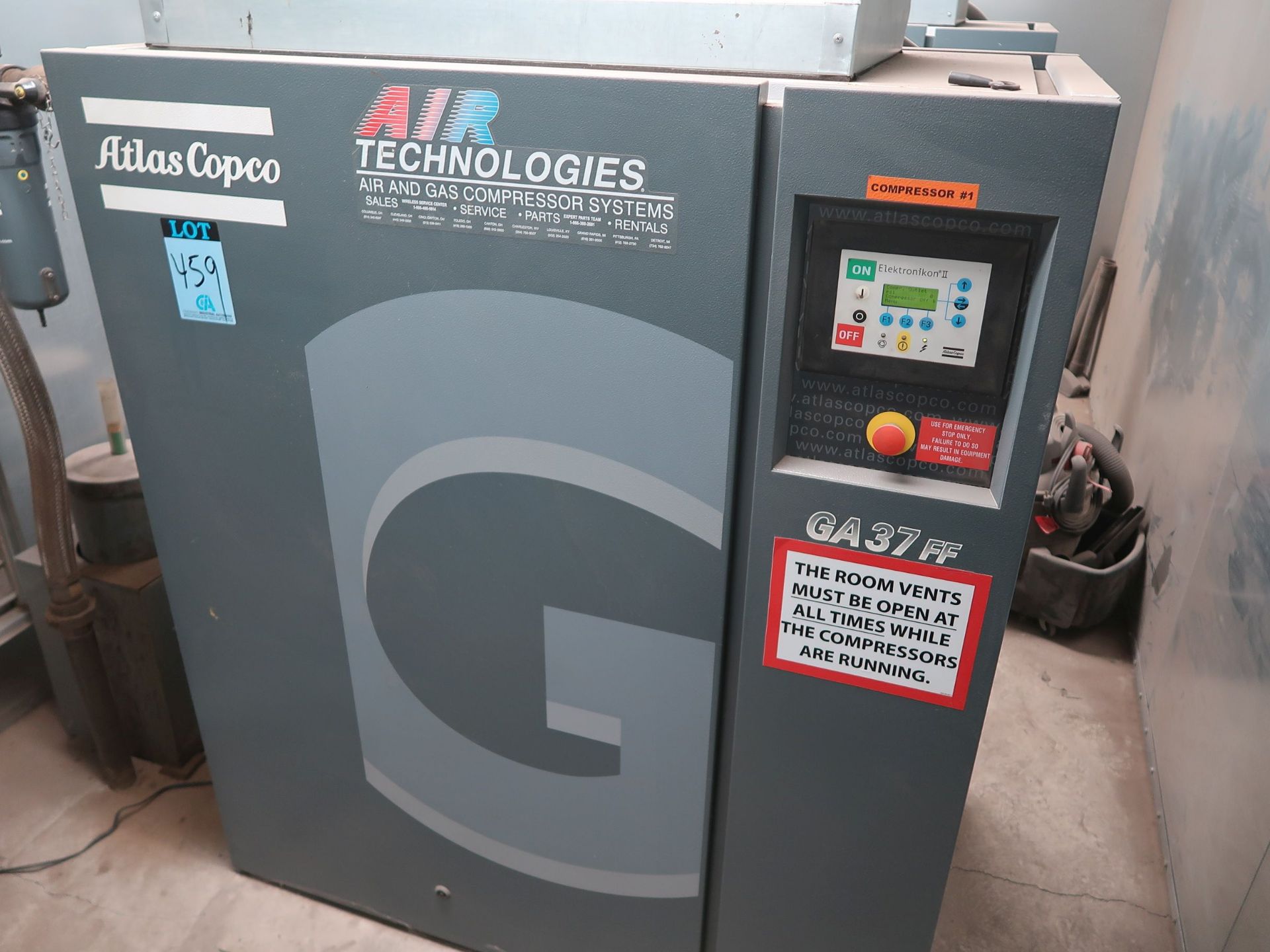 50 HP ATLAS COPCO MODEL GA37FF AIR COMPRESSOR WITH INTERGRATED AIR DRYER AND OIL / WATER SEPARTAROR;