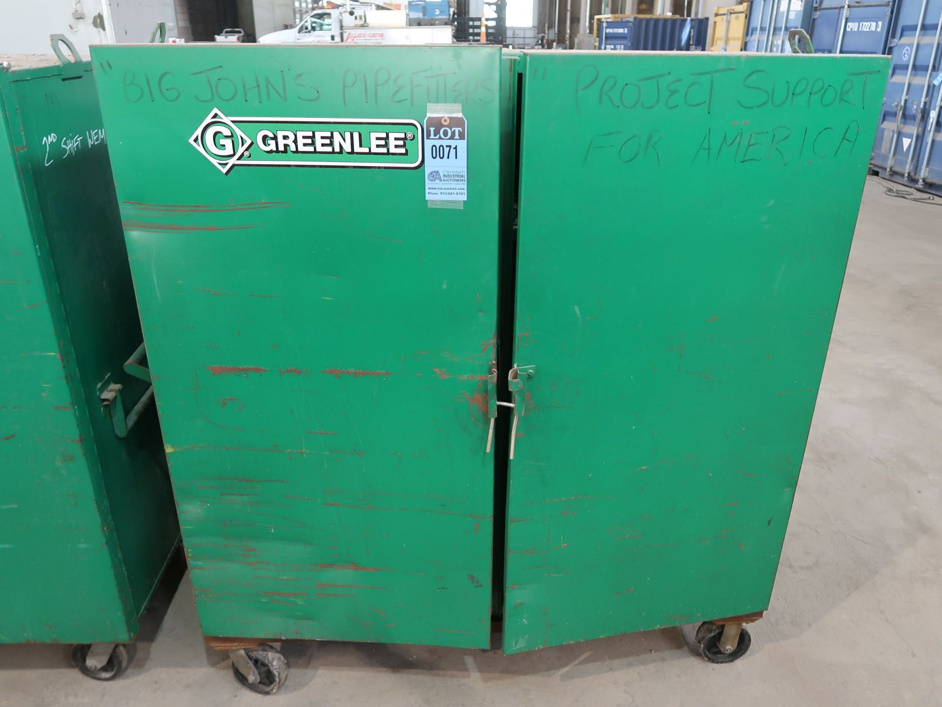 (LOT) GREENLEE MISCELLANEOUS TRAY SHEAVES WITH GREENLEE TWO-DOOR PORTABLE STORAGE CABINET