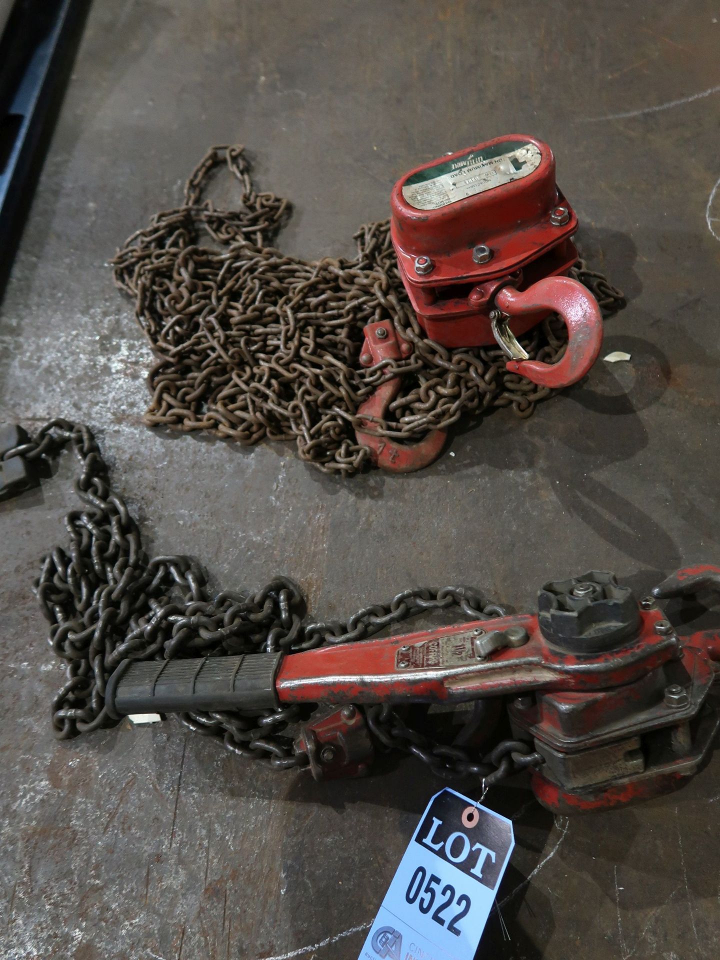 (LOT) 1-1/2 TON COFFING RATCHET HOIST AND 1 TON LITTLE MULE MANUAL CHAIN HOIST