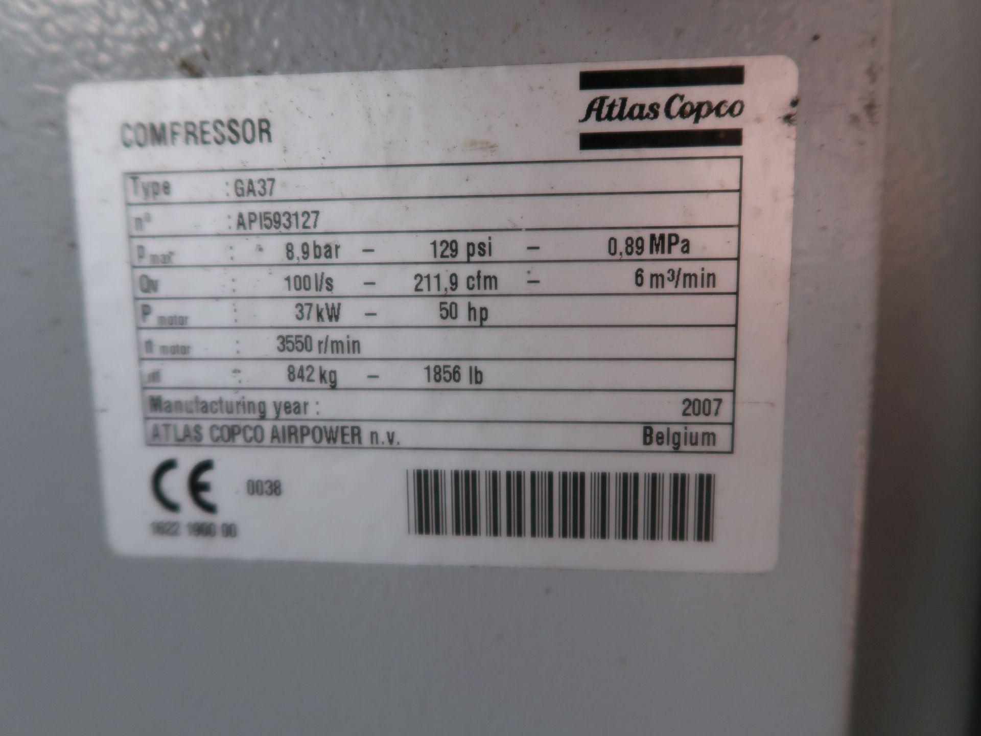50 HP ATLAS COPCO MODEL GA37FF AIR COMPRESSOR WITH INTERGRATED AIR DRYER AND OIL / WATER SEPARTAROR; - Image 4 of 4