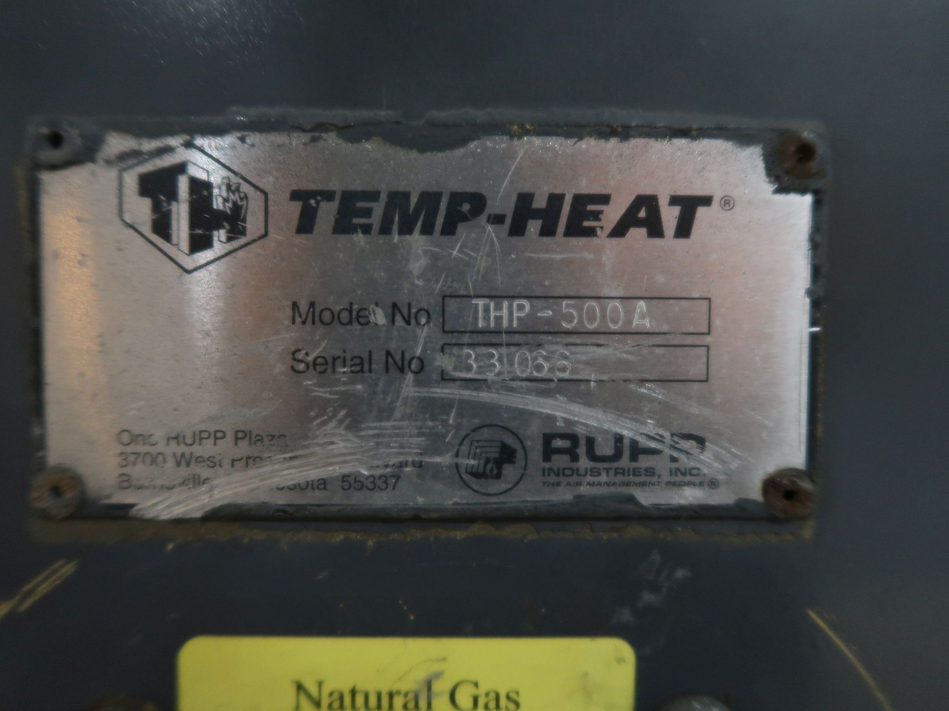 TEMP AIR MODEL THP-500A PORTABLE NATURAL GAS FIRED, FRESH AIR HEATER; S/N 33066, THERMOSTAT CONTROL - Image 6 of 6