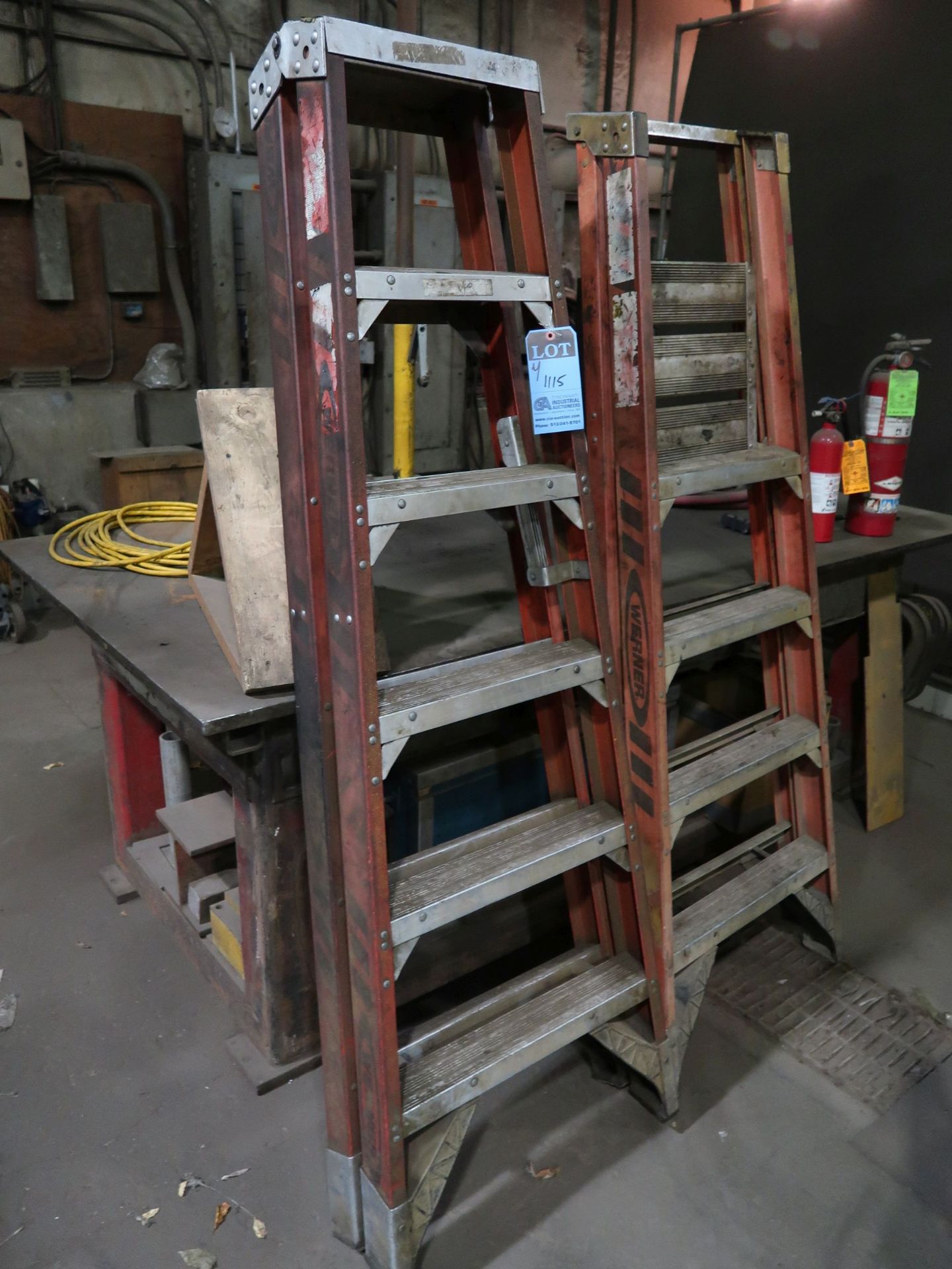 (LOT) 98" X 46" STEEL TABLE, ACETYLENE CART, WELDING CURTAIN, (2) LADDERS - Image 2 of 5