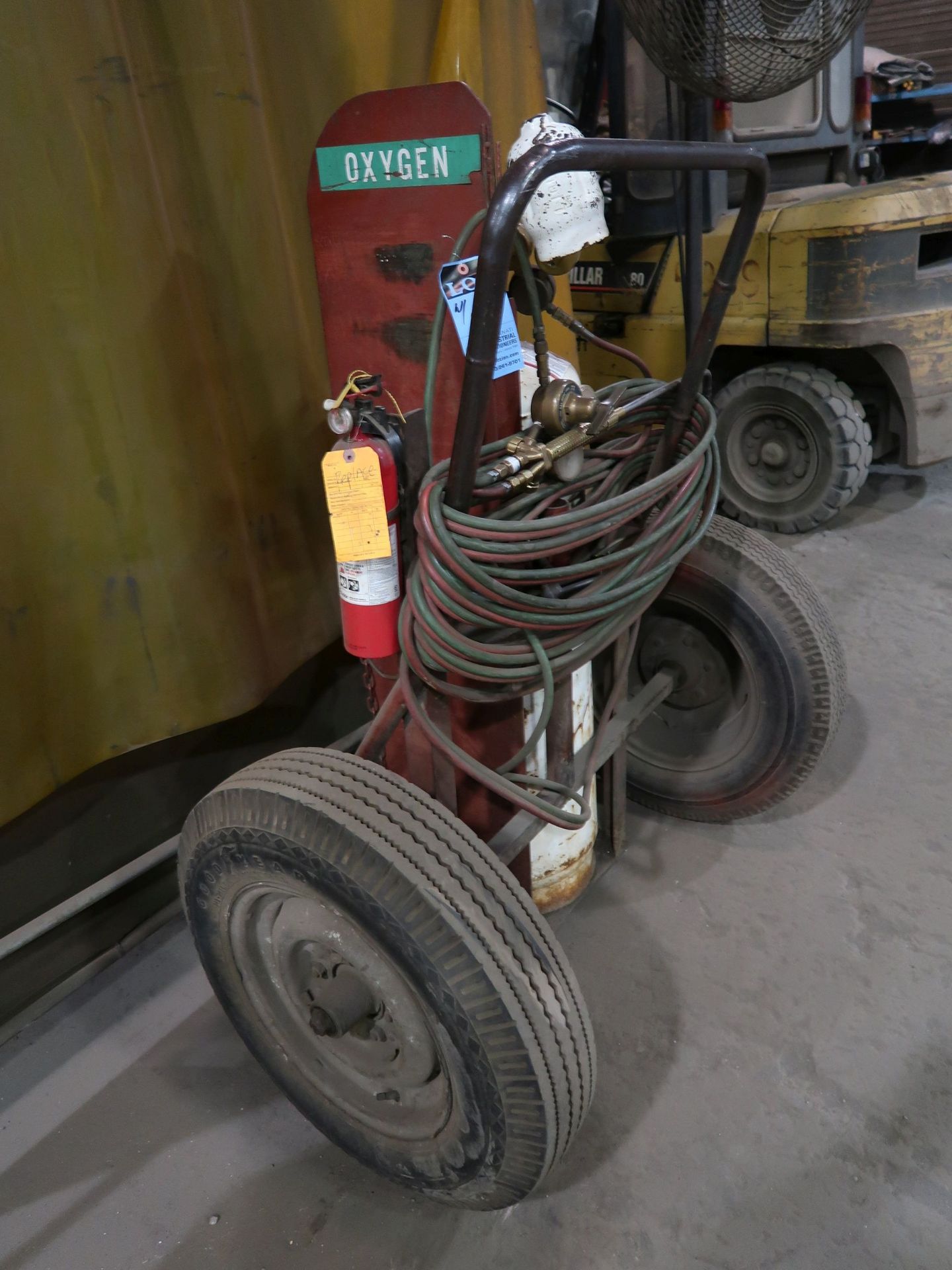 (LOT) 98" X 46" STEEL TABLE, ACETYLENE CART, WELDING CURTAIN, (2) LADDERS - Image 5 of 5