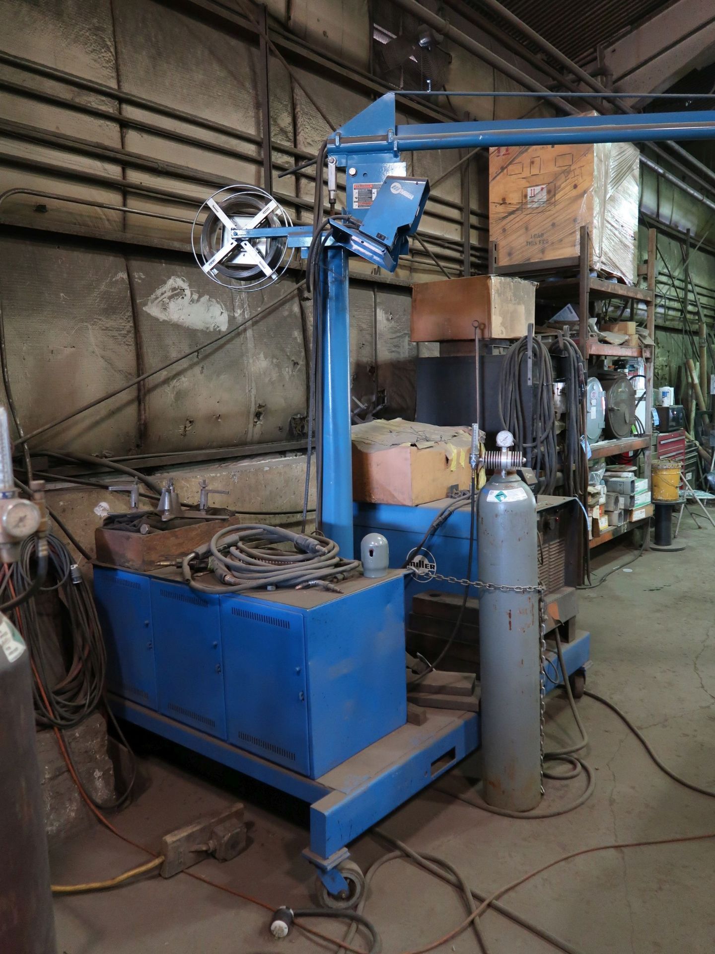 650 AMP MILLER DELTA WELD 650 WELDER WITH 15' BOOM AND MILLER WIRE FEED