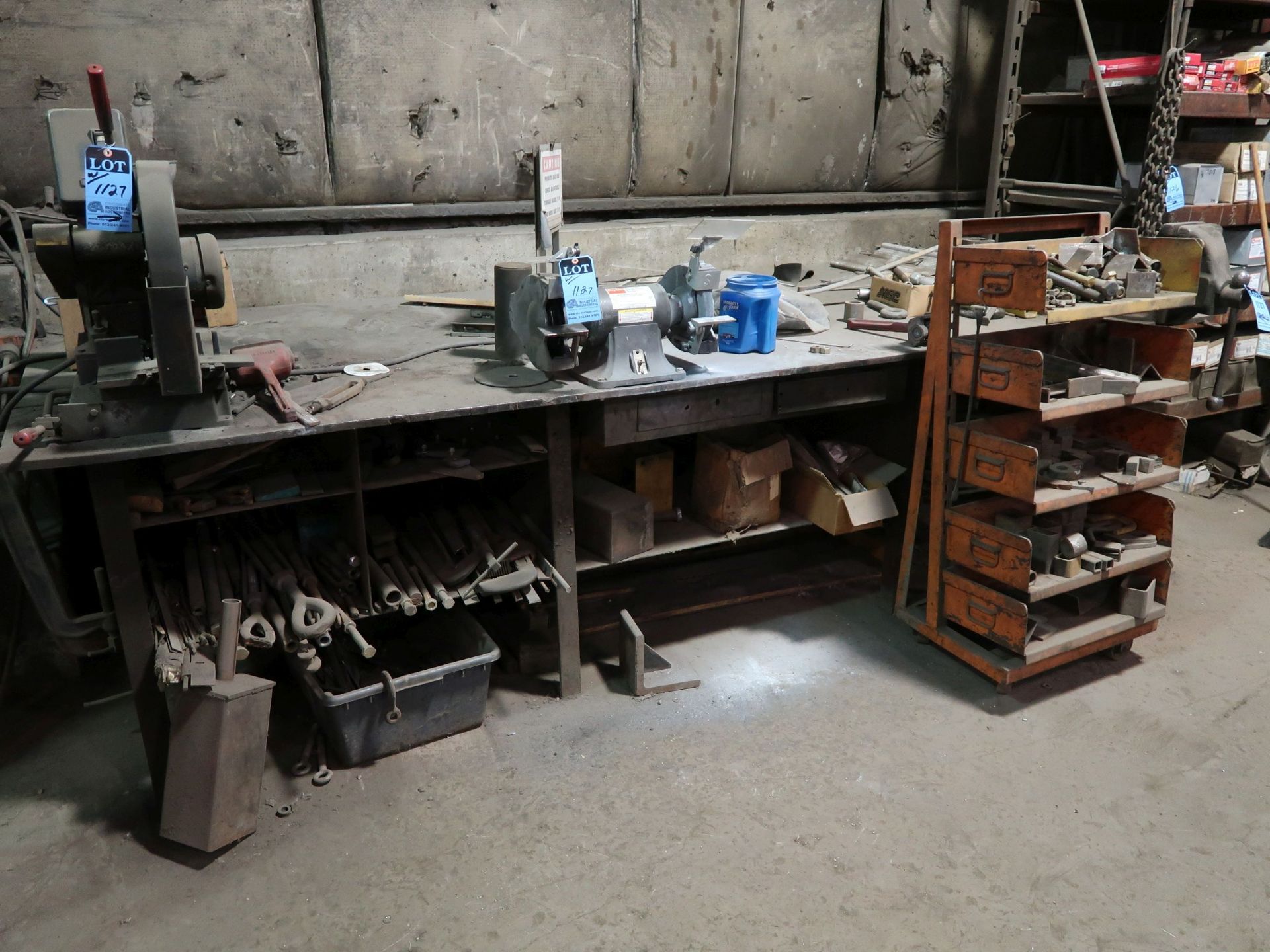 144" X 60" STEEL TABLE WITH 8" CUT OFF SAW, DE GRINDER, 6" BENCH VISE, HARDWARE, TURN BUCKLES