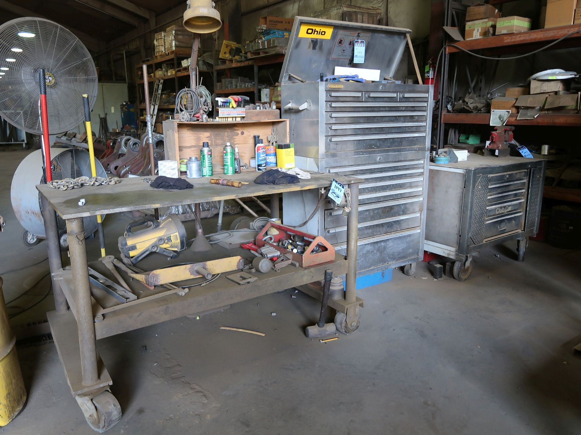 (LOT) (2) TOOLBOXES WITH TOOLS AND STEEL TABLE WITH CONTENTS