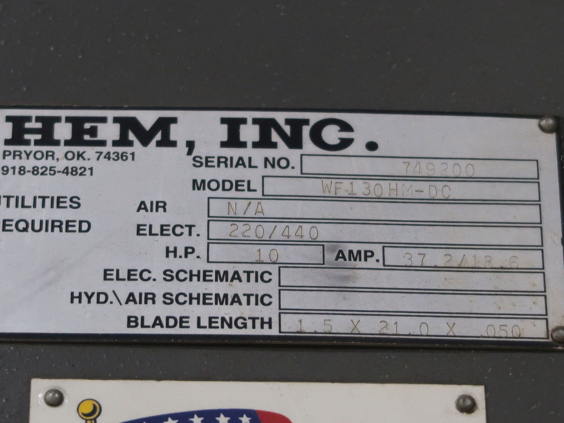 18" X 27" HEM MODEL WF-130HM-DC HORIZONTAL BAND SAW; S/N 749200, 1.5" BLADE, COOLANT, 10" X 30" WIDE - Image 13 of 13