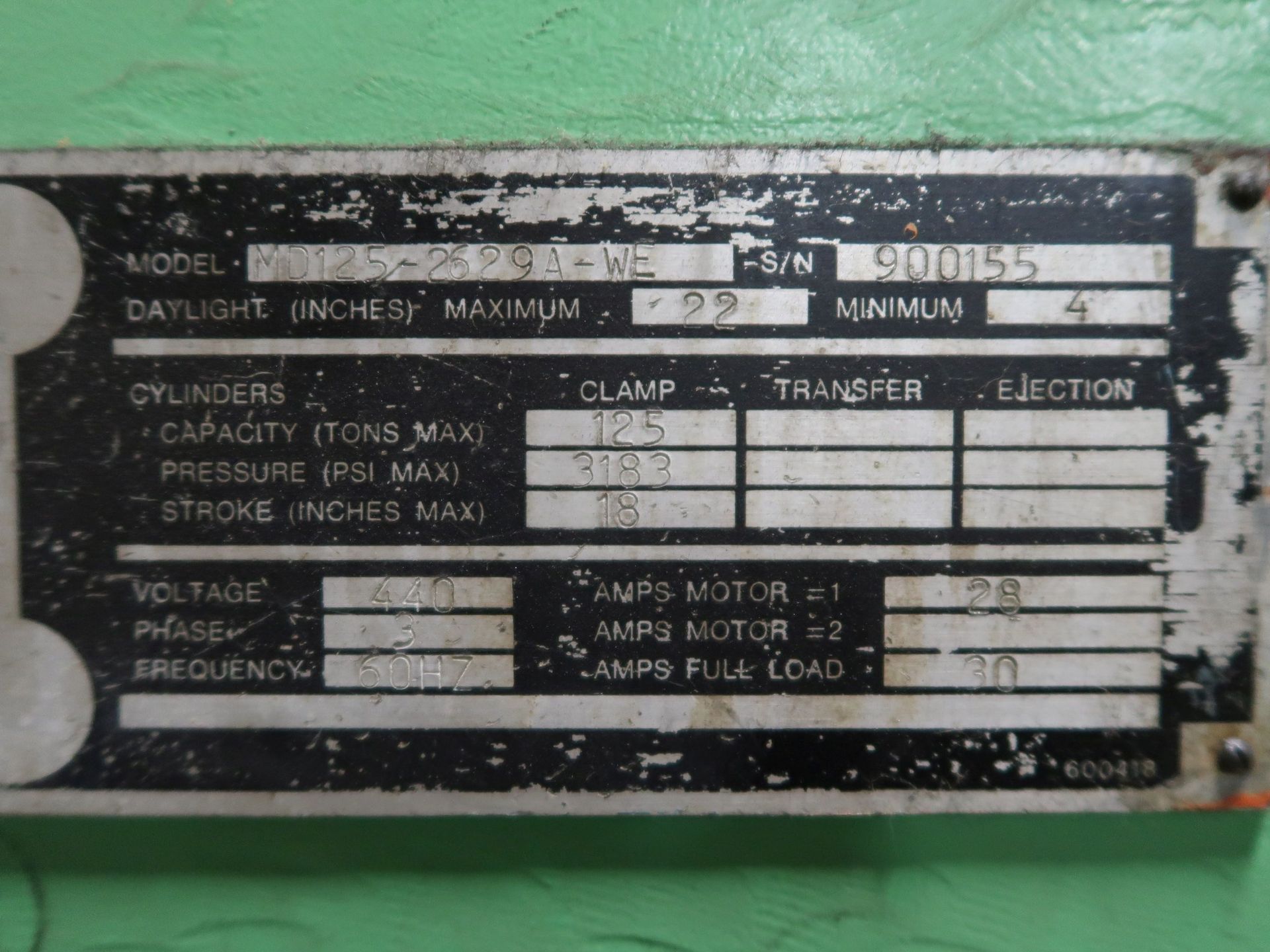 125 TON RODGERS PLASTIC EQUIPMENT MODEL MD125-2629A-WE FOUR-POST HYDRAULIC PRESS; S/N 900155, 4" MIN - Image 8 of 8