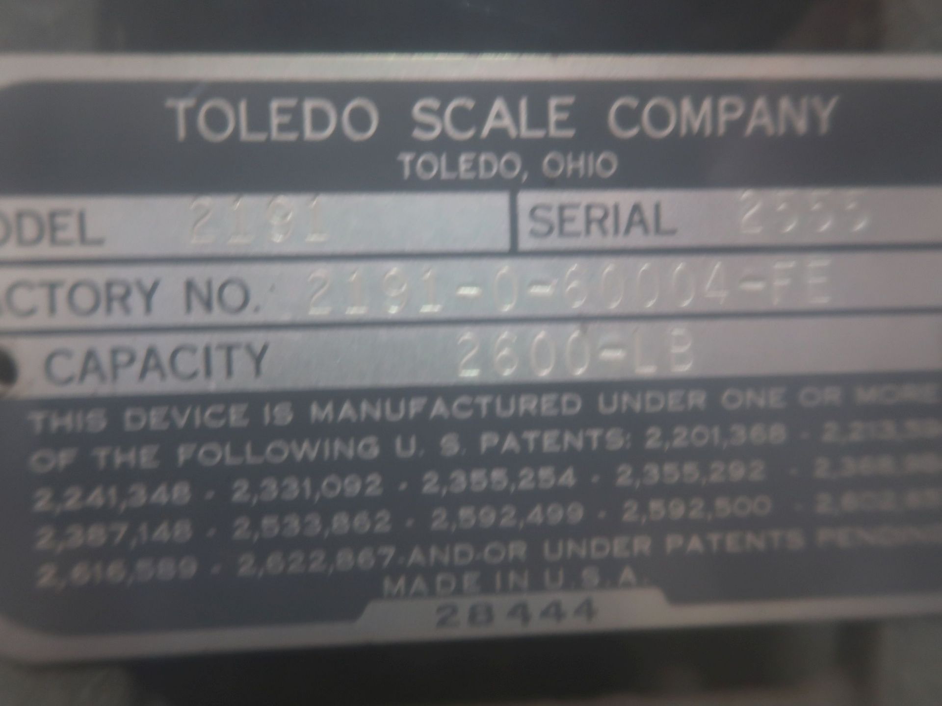 2,600 LB CAP. TOLEDO MODEL 2191 FLOOR SCALE; S/N 2555 - Image 2 of 2