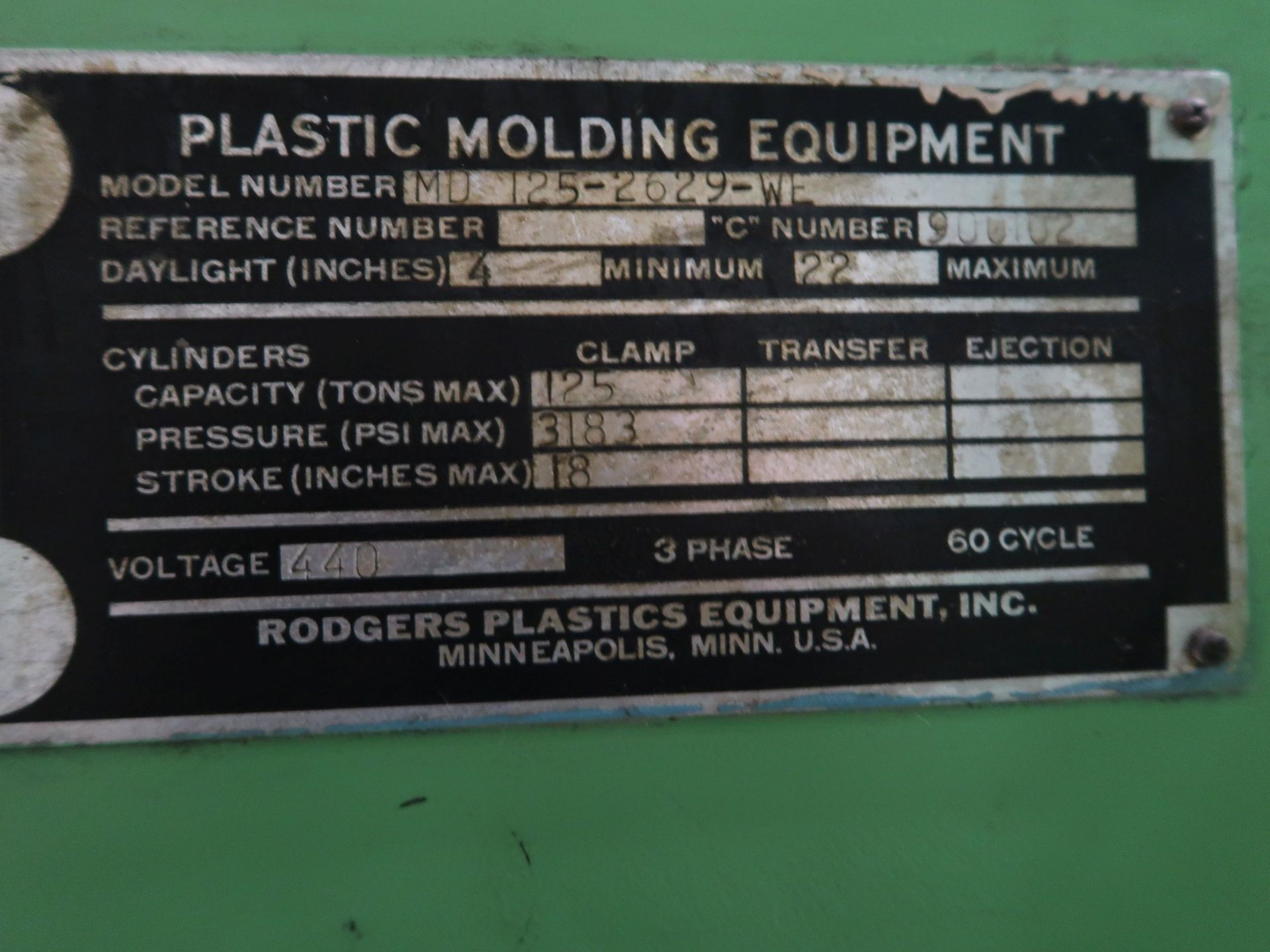 125 TON RODGERS PLASTIC EQUIPMENT MODEL MD125-2629A-WE FOUR-POST HYDRAULIC PRESS; S/N 900102, 4" MIN - Image 6 of 6