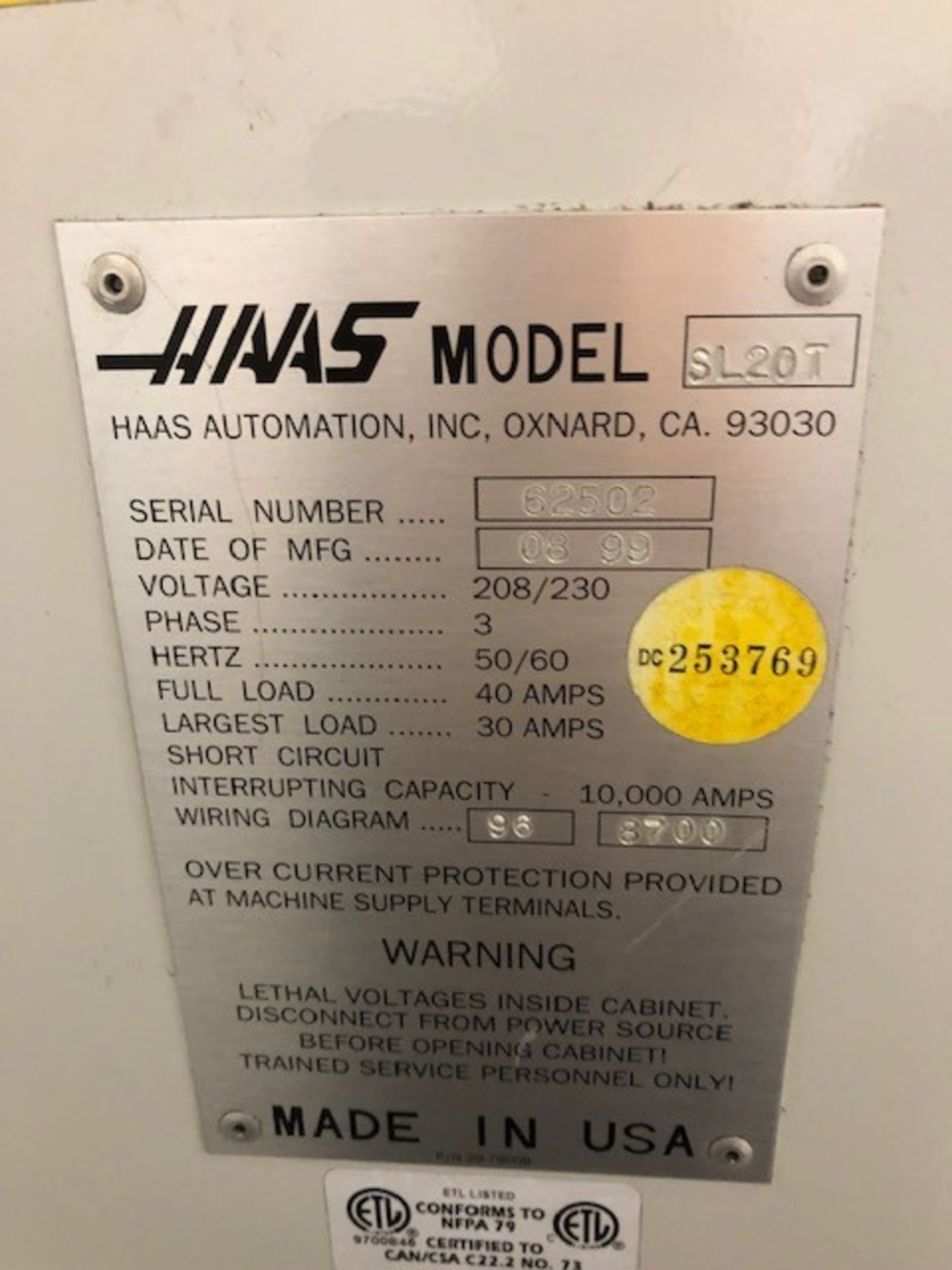 HAAS MODEL SL-20T CNC TURNING CENTER; S/N 62502, 8" 3-JAW CHUCK, TAILSTOCK, 10-POSITION TURRET ( - Image 9 of 9