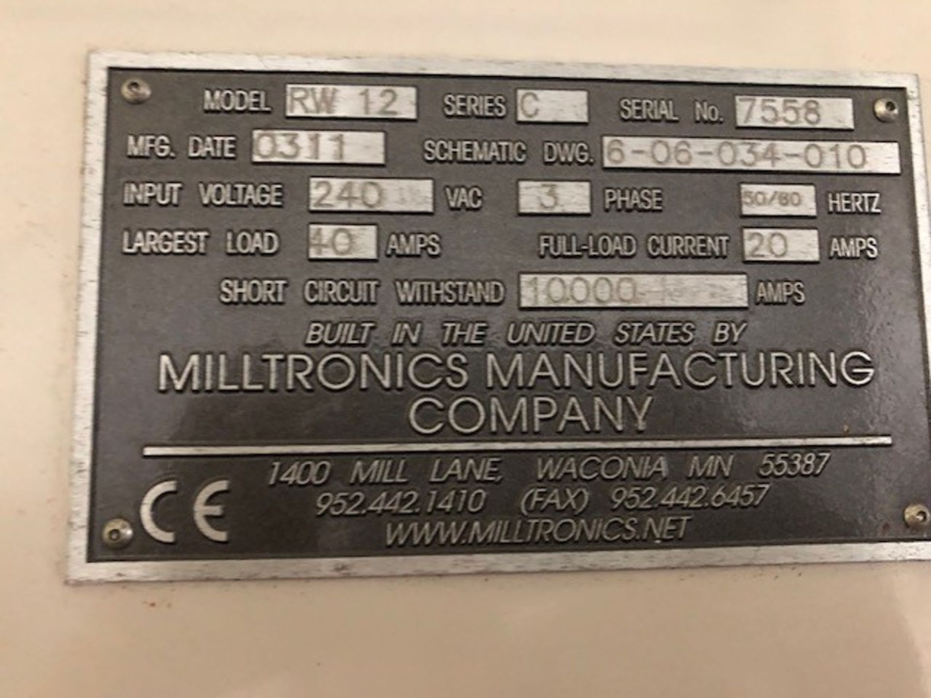 MILLTRONICS MODEL RW12 CNC VERTICAL MACHINING CENTER; S/N 7558, TOOL CHANGER REMOVED FROM MACHINE ( - Image 5 of 5