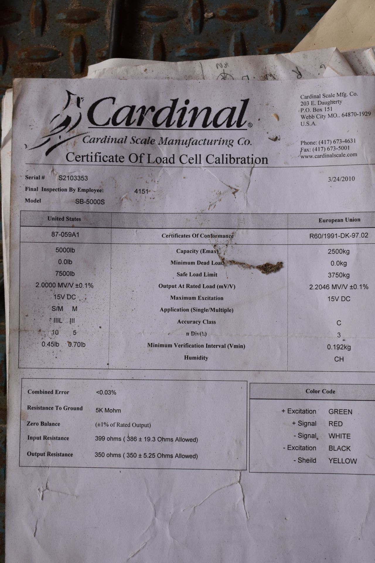 48" X 48" CARDINAL FLOOR SCALE MODEL SB-500-S, 5,000 LB. CAPACITY, SCALE HAS BAD SCENSOR (NEW 2010) - Image 3 of 3