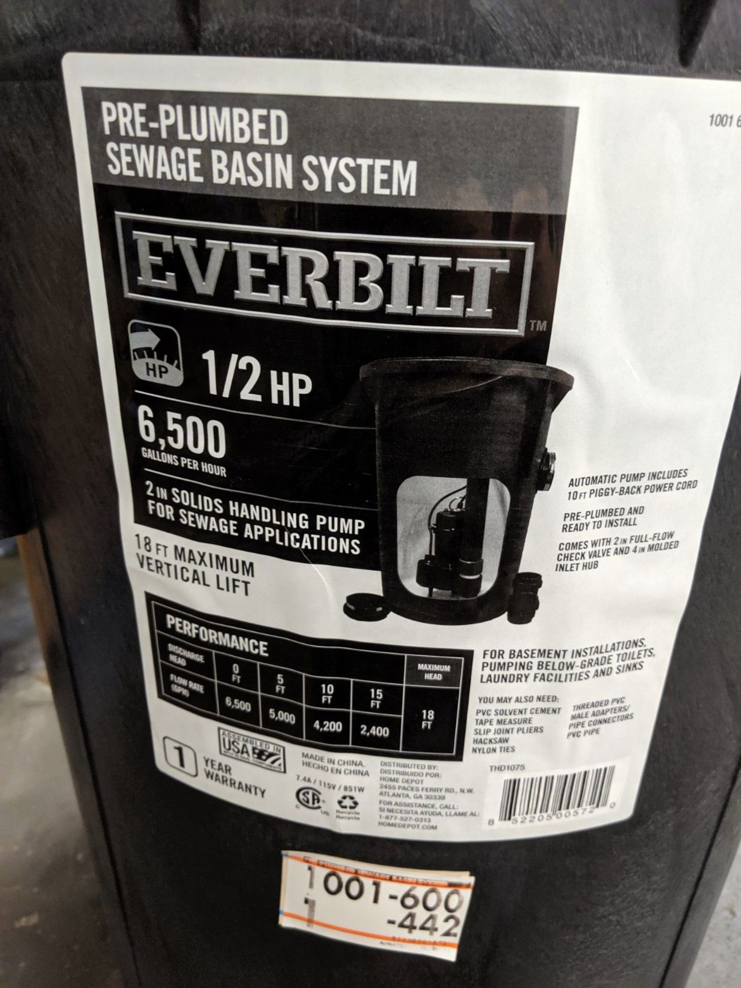 EVERBILT 1/2 H.P. PRE-PLUMBED SEWAGE BASIN SYSTEM ** NEVER PUT IN SERVICE ** - Image 3 of 3