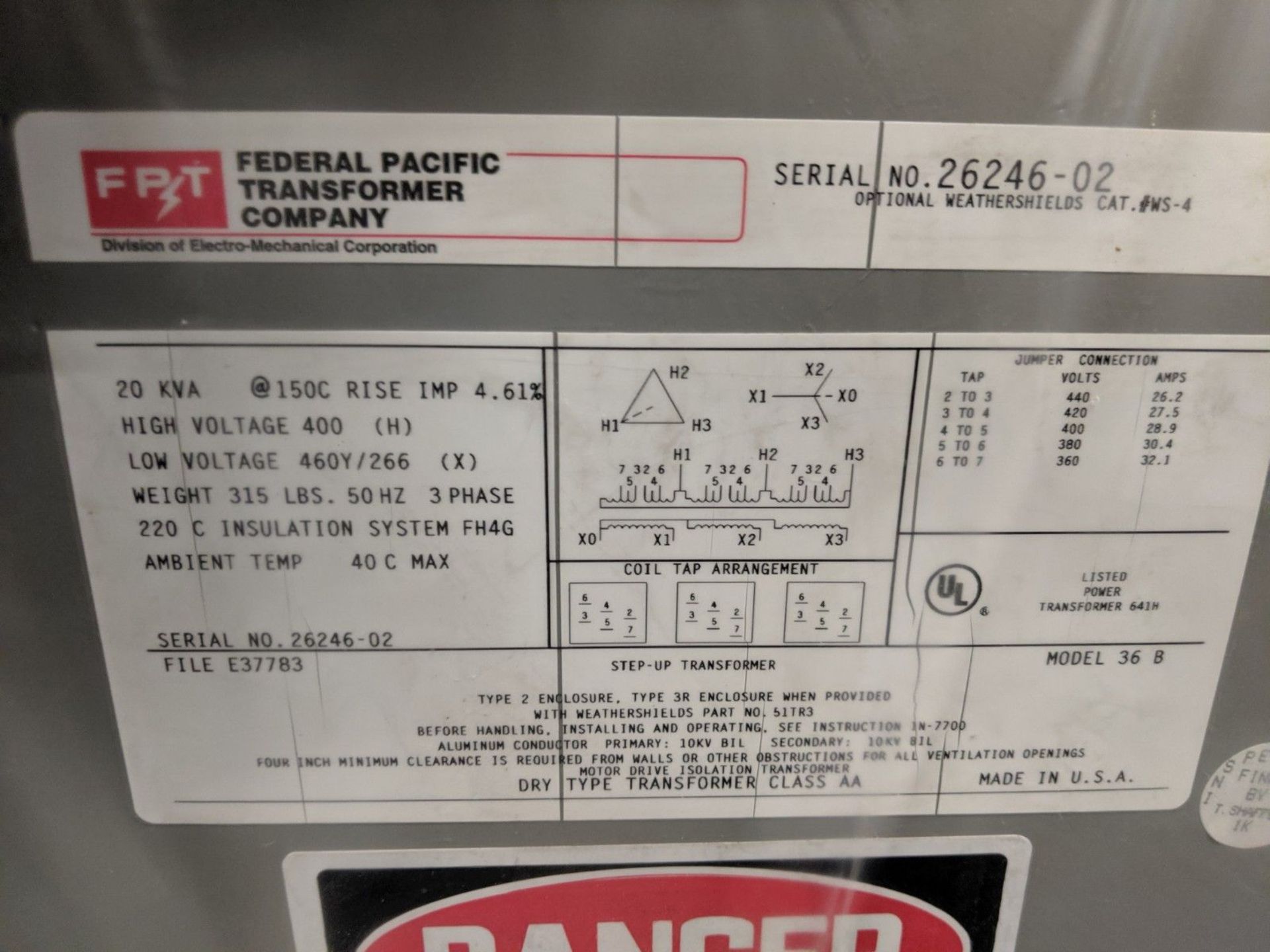 FEDERAL 20 KVA DRY TYPE CLASS AA TRANSFORMER, S/N 26246-02 ** NEVER PUT IN SERVICE ** - Image 2 of 2