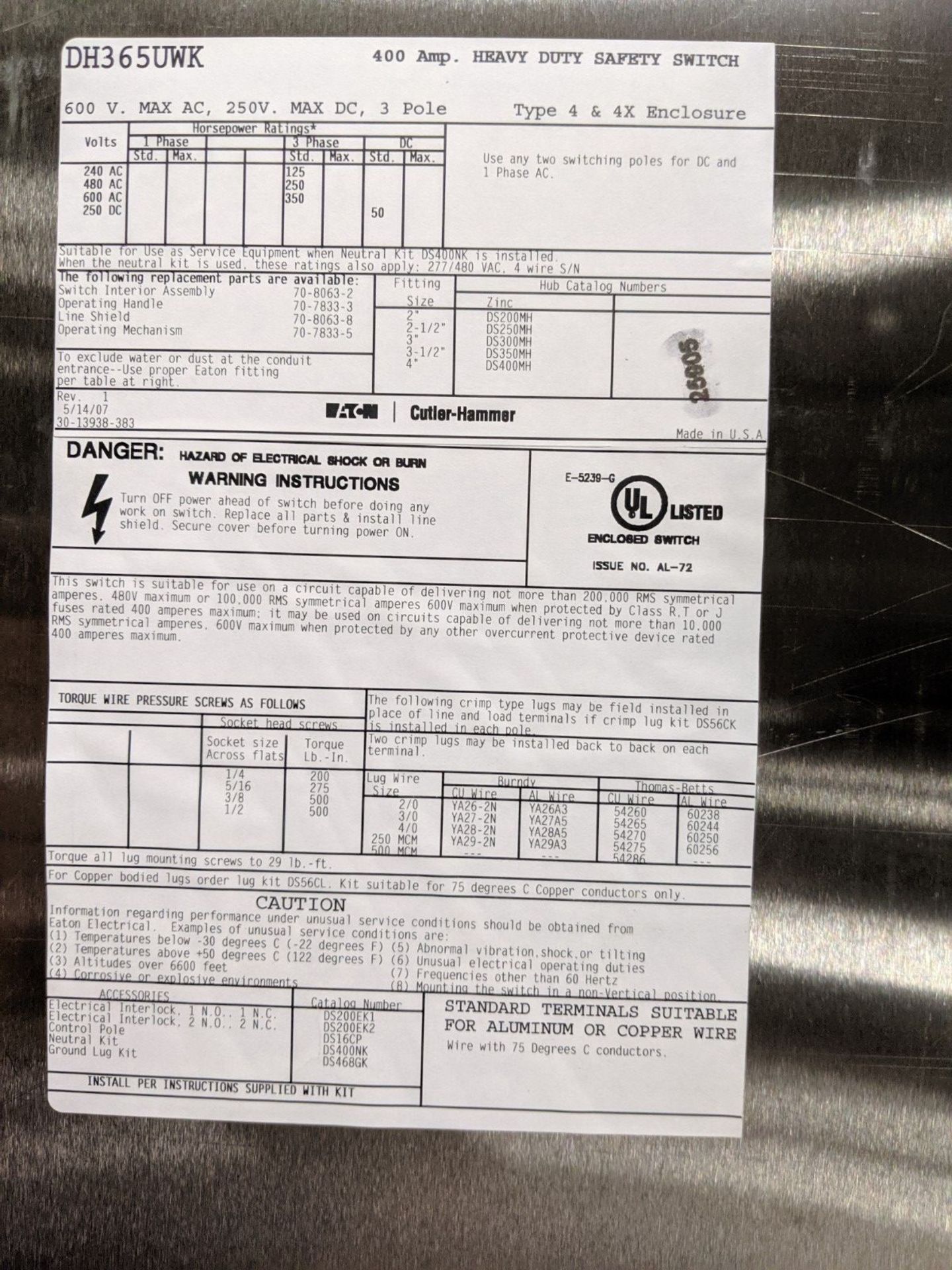 EATON 400 AMP STAINLESS STEEL, WATER-TIGHT H.D. SAFETY SWITCH DISCONNECT, 600 VOLT, CAT # DH365UWK - Image 4 of 4